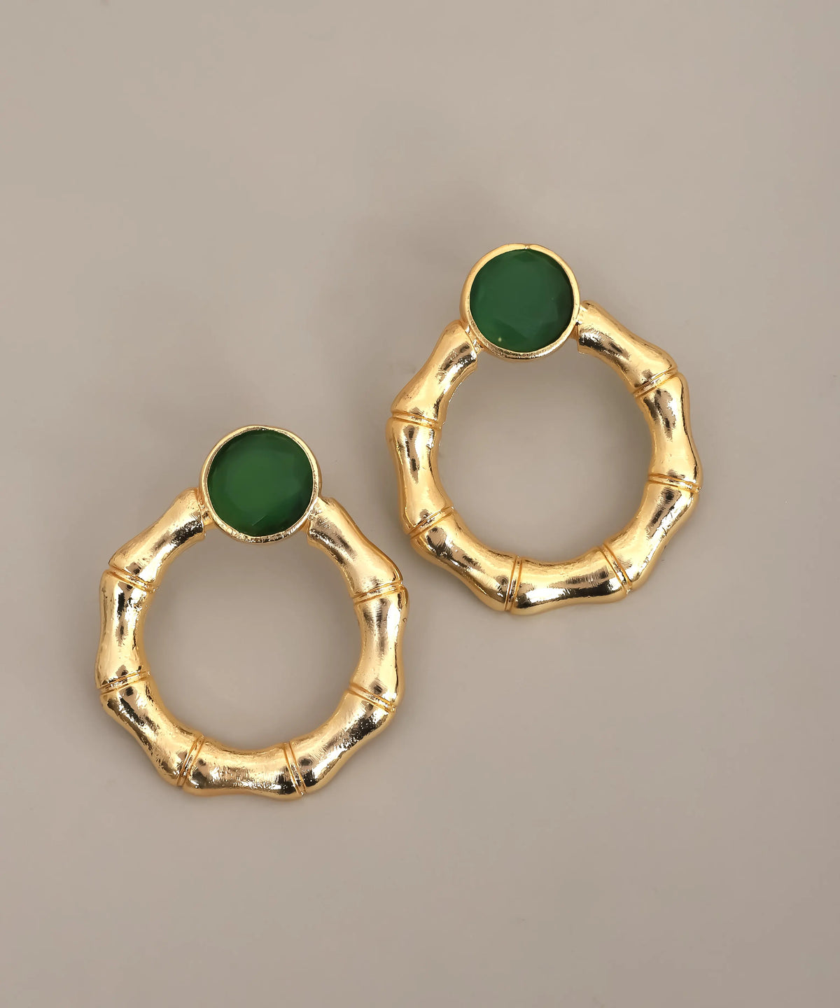 Bamboo Hoop Green Stone Earrings