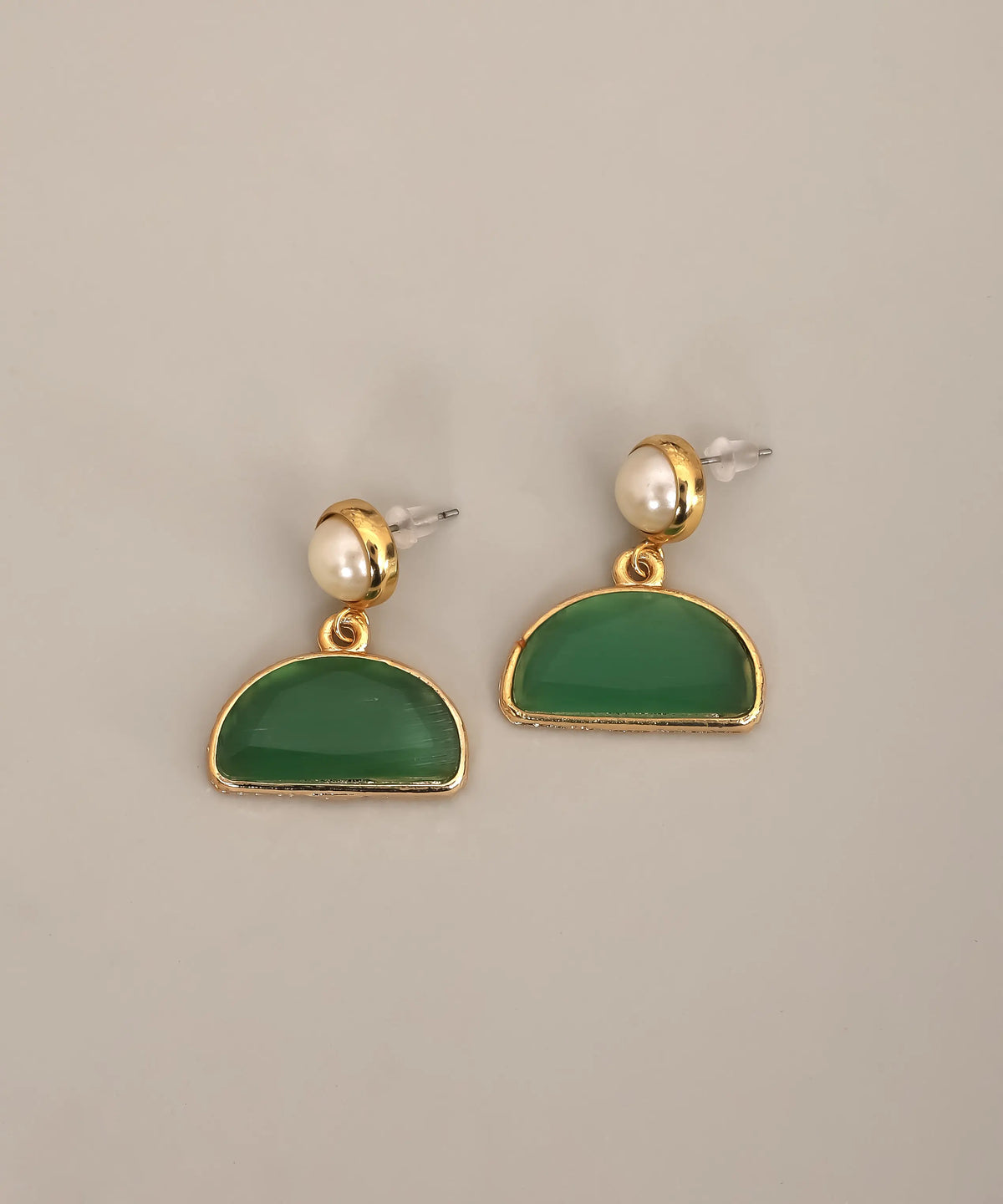 Gold Green Stone Pearl Drop Earrings