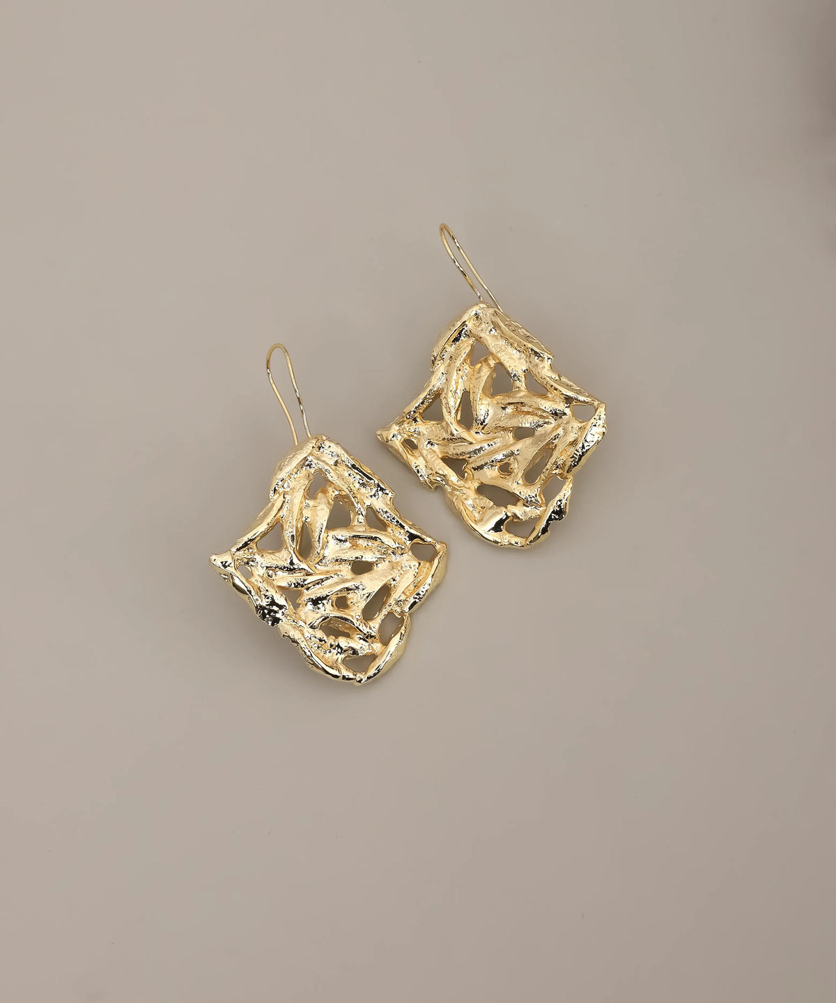 Gold Organic Square Openwork Drop Earrings