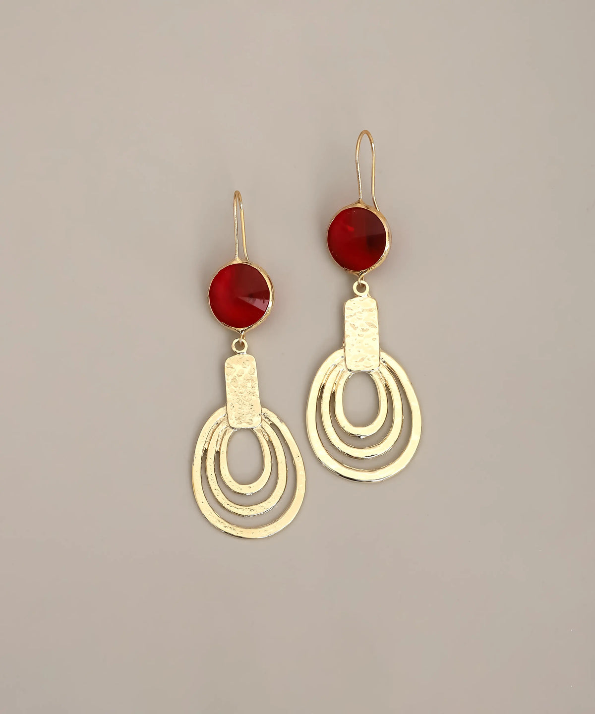 Gold Red Resin Oval Layered Drop Earrings