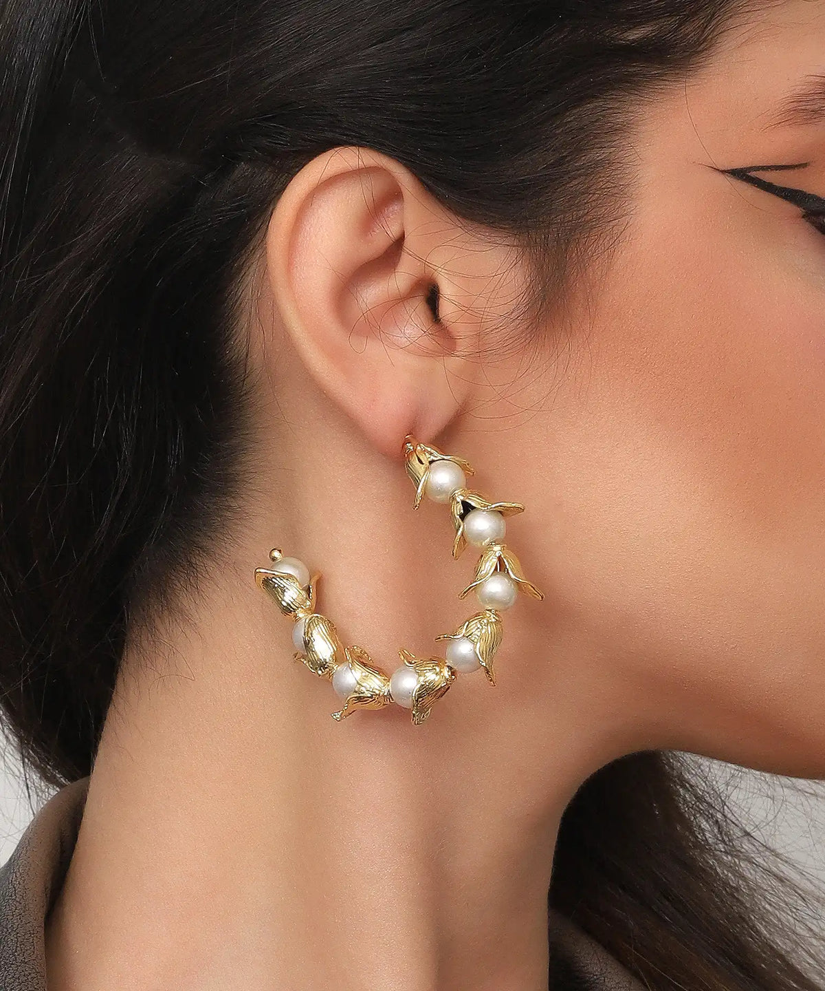 Gold Pearl Botanical Hoop Earrings