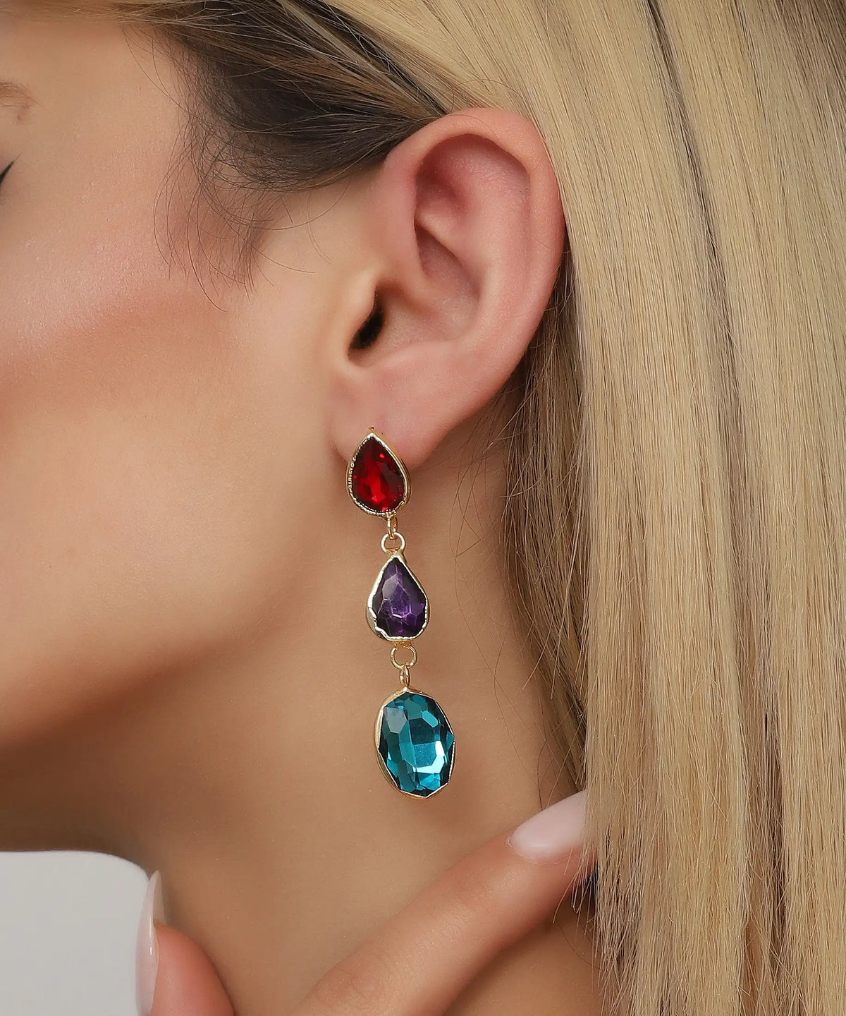 Multi Stone Tiered Drop Gold Statement Earrings