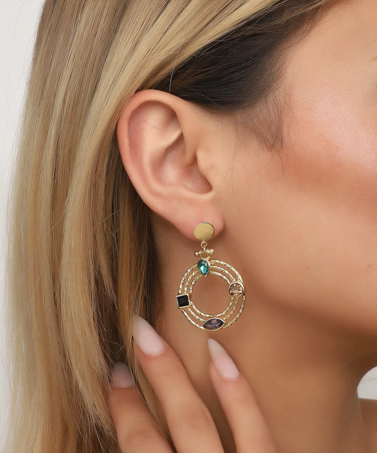 Multi Stone Orbital Circle Gold Statement Earrings