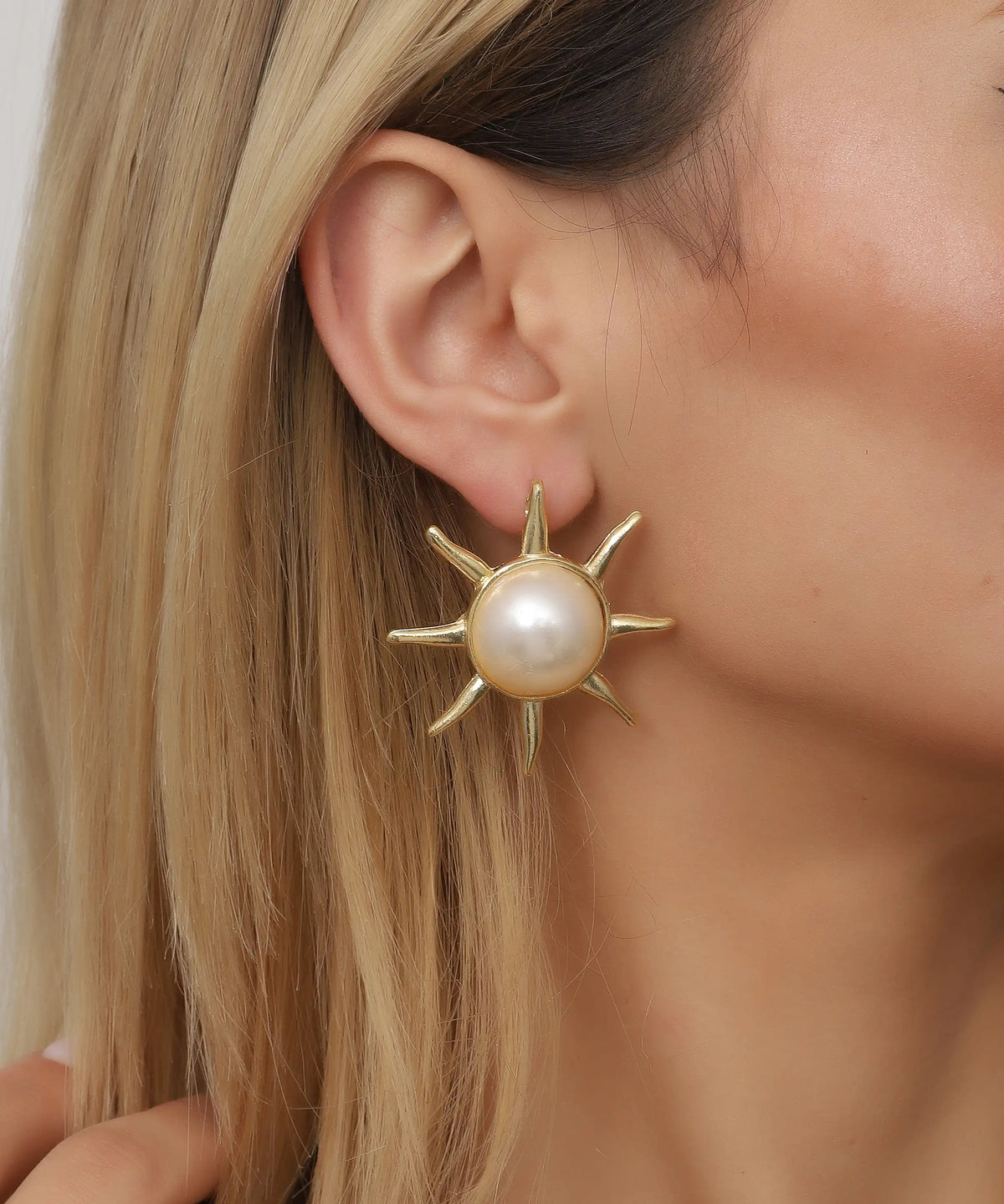 Sunburst Pearl Gold Statement Earrings