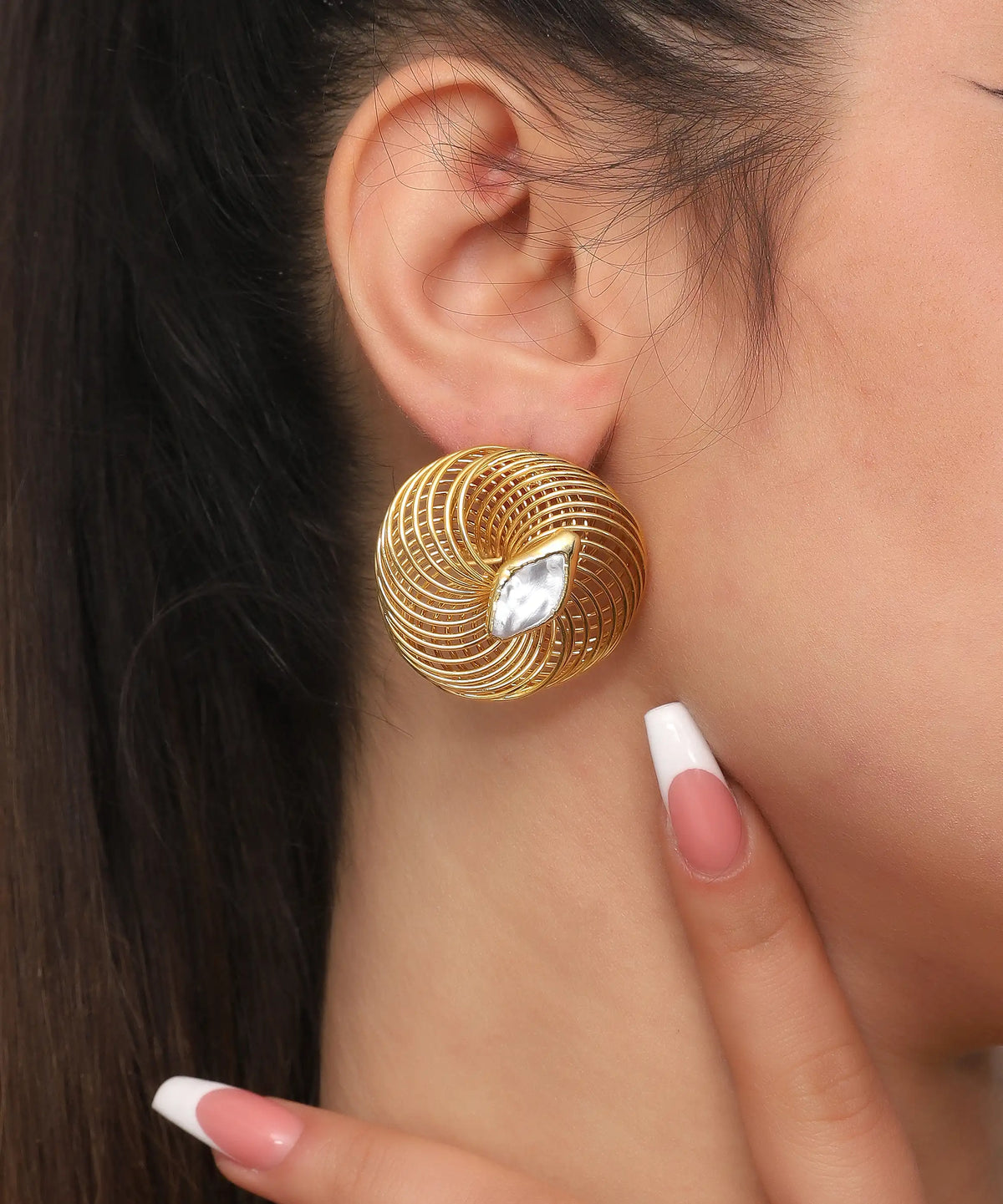 Gold Spiral Disc Statement Earrings – Sculptural Vintage-Inspired Stud Earrings with White Stone Detail