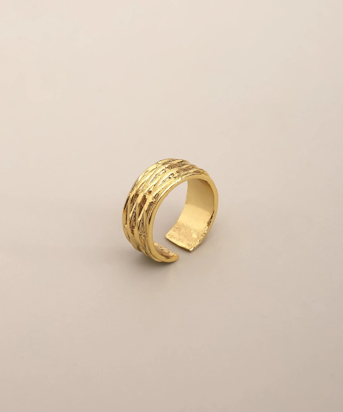 Gold Plated Ribbed Texture Wide Ring Adjustable