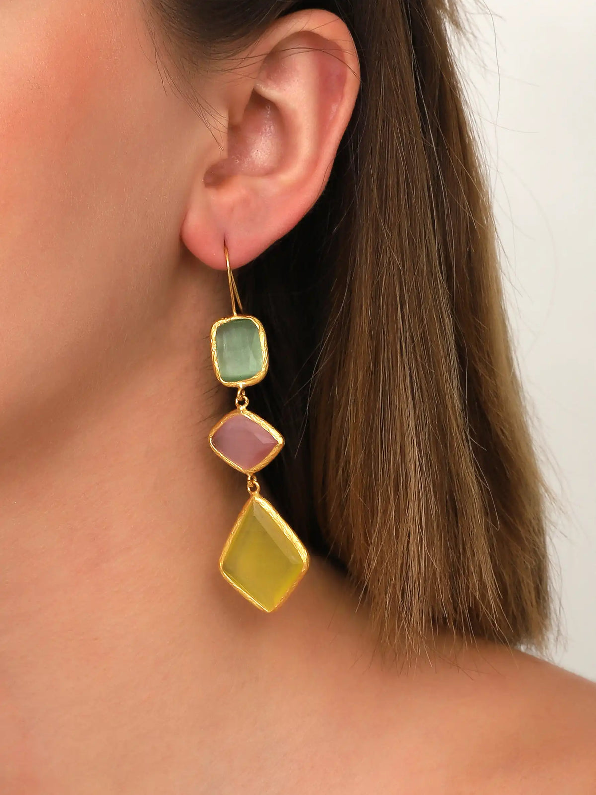 Gold Multicolor Gemstone Drop Earrings – Gold Framed Long Statement Design