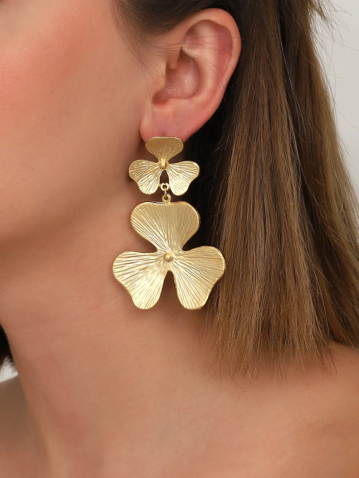 Gold Double Flower Drop Earrings – Textured Botanical Statement Design