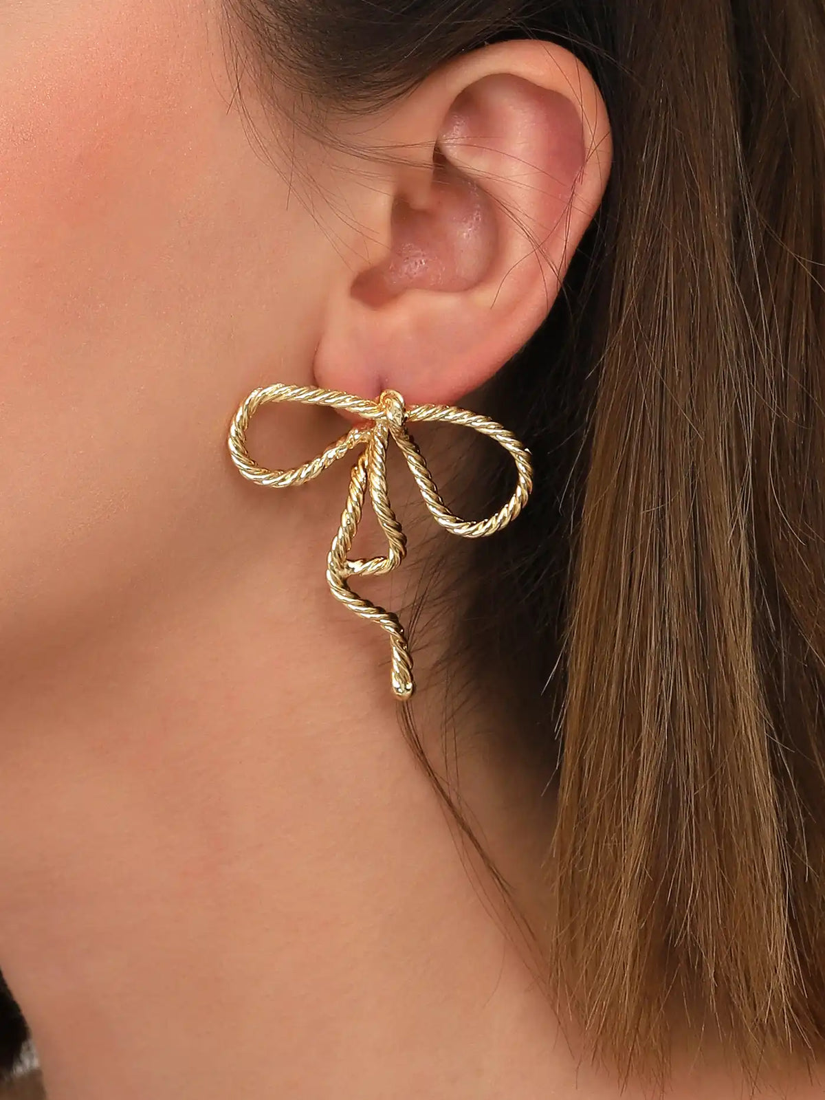 Gold Rope Bow Statement Earrings – Textured Ribbon Knot Design