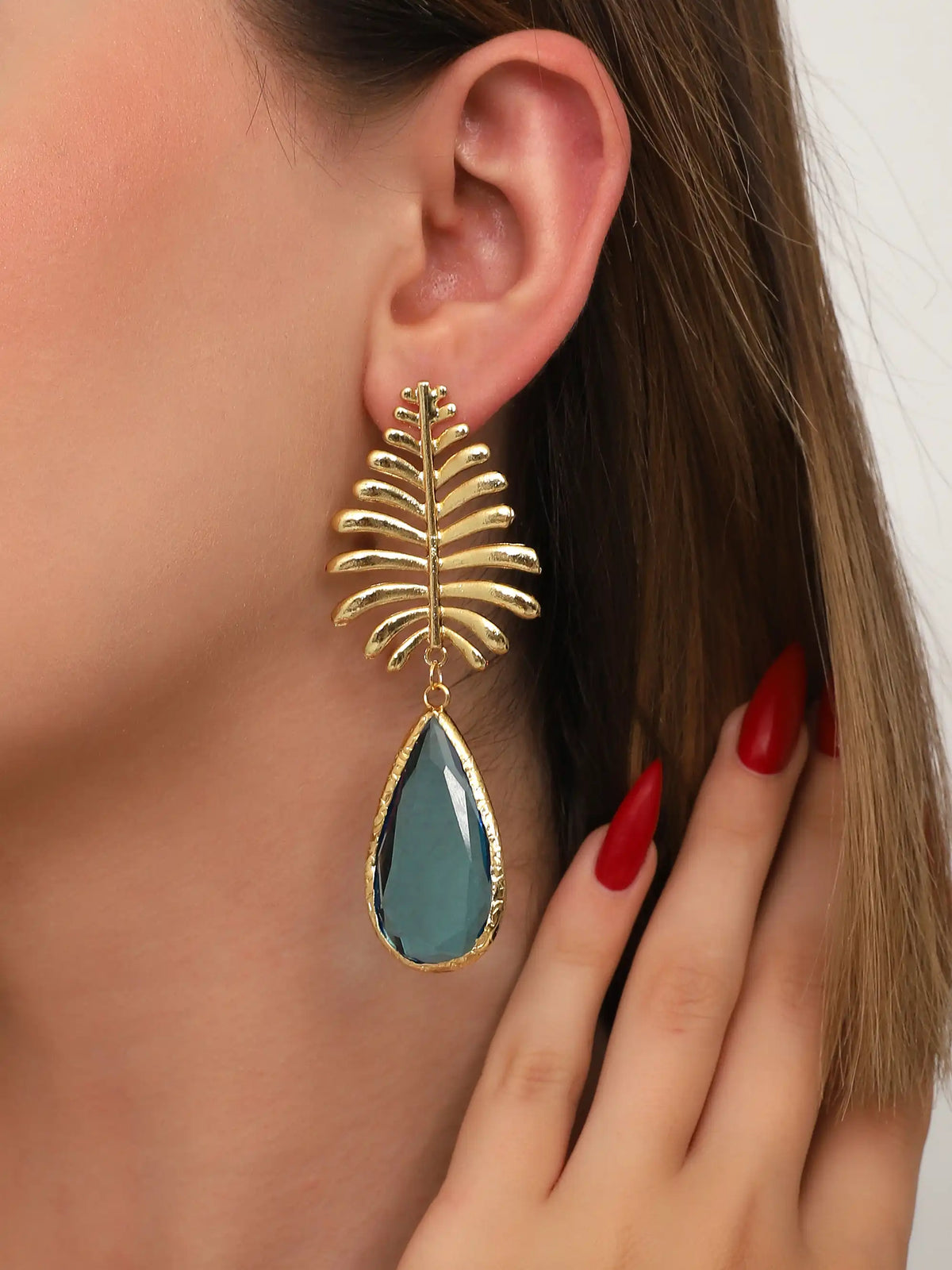 Gold Blue Teardrop Palm Leaf Earrings – Tropical Statement Drop Design