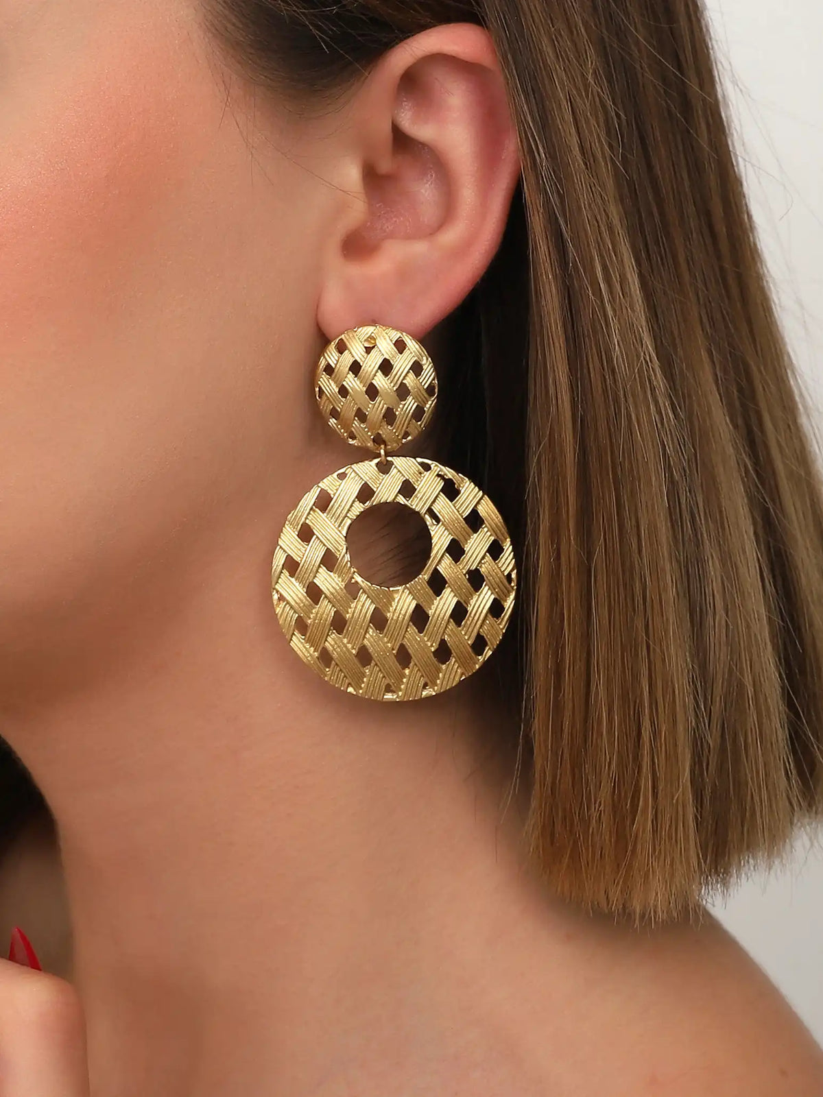 Gold Woven Circle Drop Earrings – Textured Open Round Statement Design