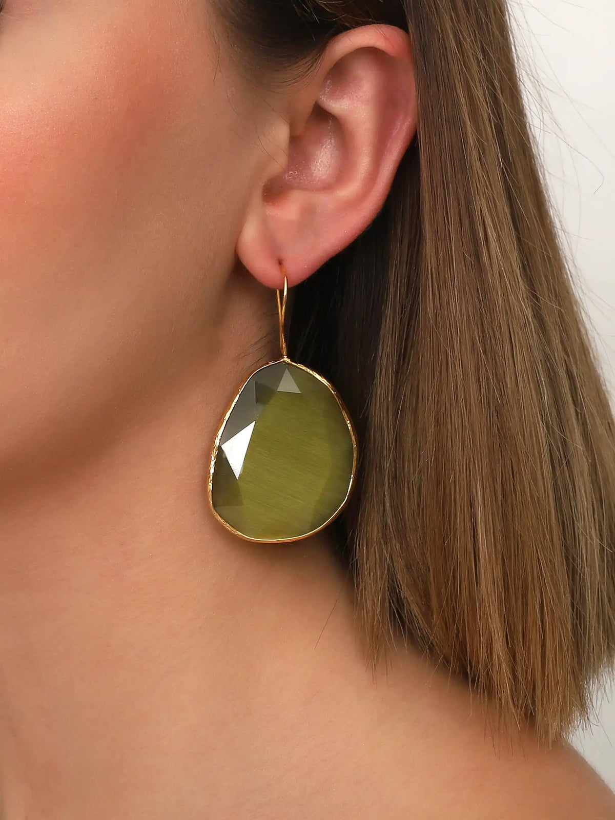 Gold Olive Faceted Stone Drop Earrings – Oversized Organic Hook Design