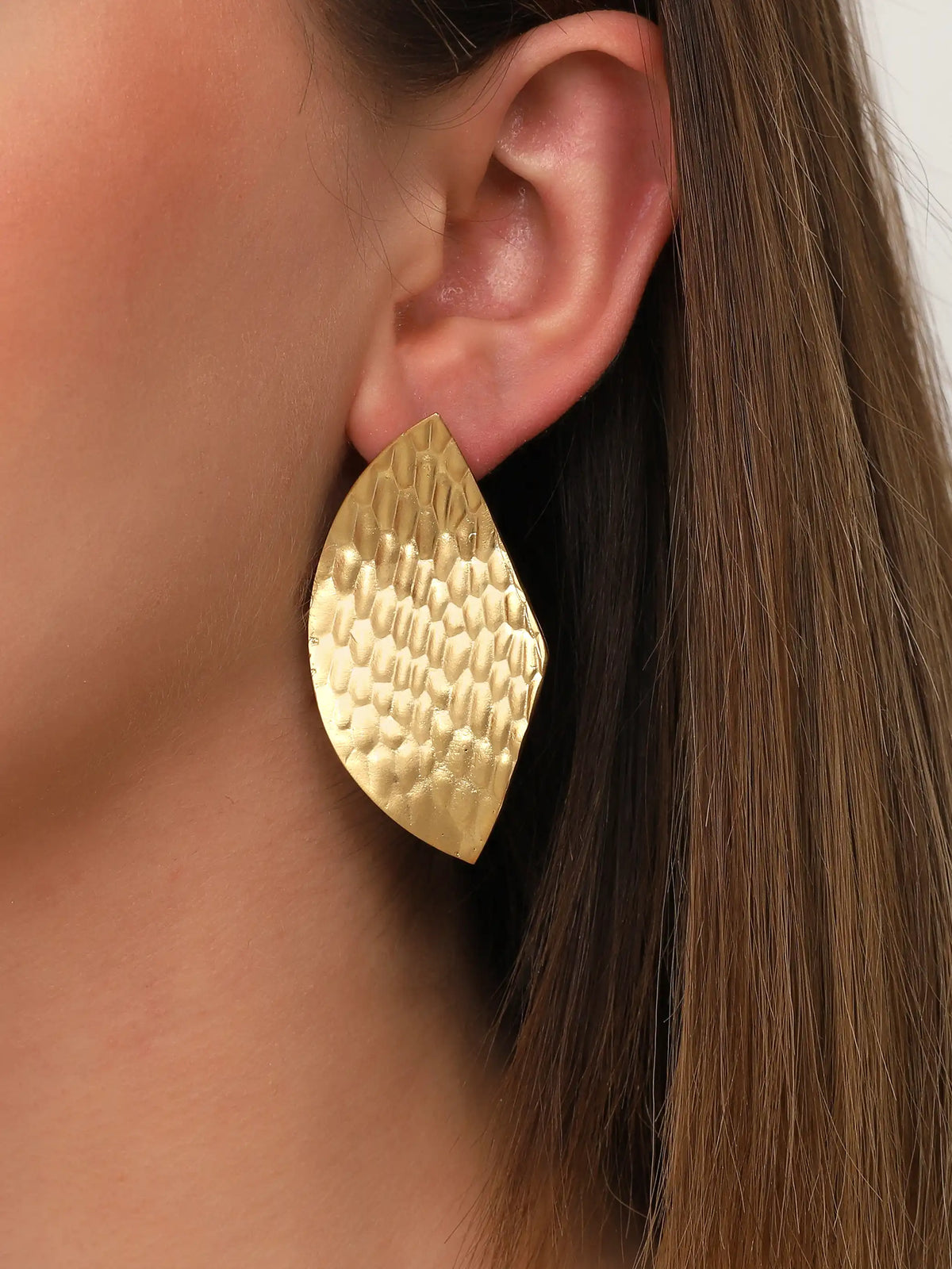 Gold Hammered Leaf Statement Earrings – Sculptural Textured Botanical Design