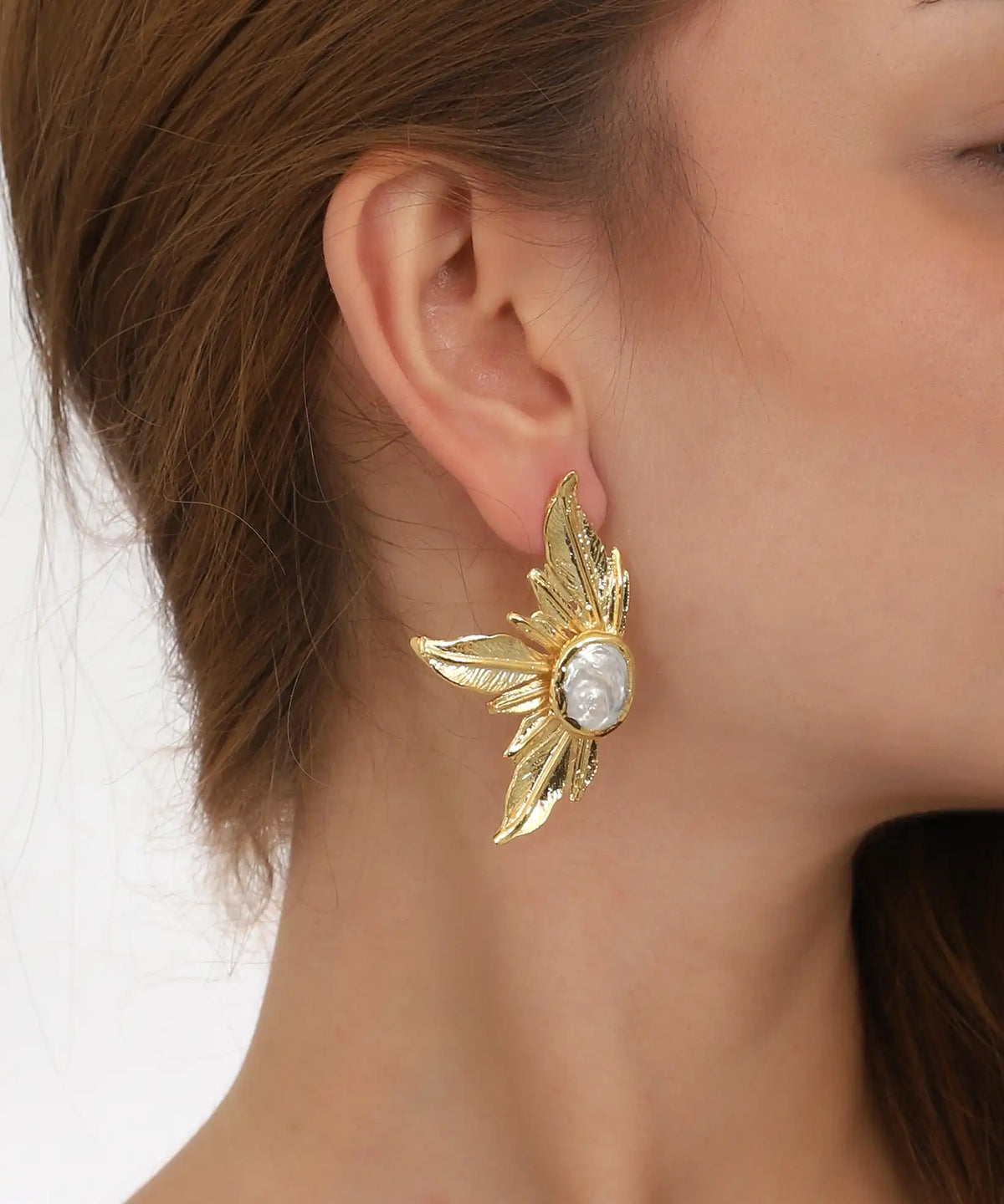 Gold Wing Pearl Stud Earrings – Sculptural Leaf Statement Design