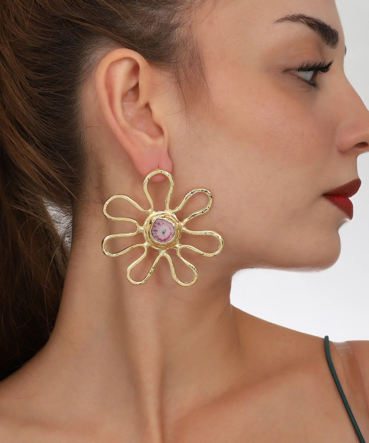 Gold Pink Stone Open Petal Flower Earrings