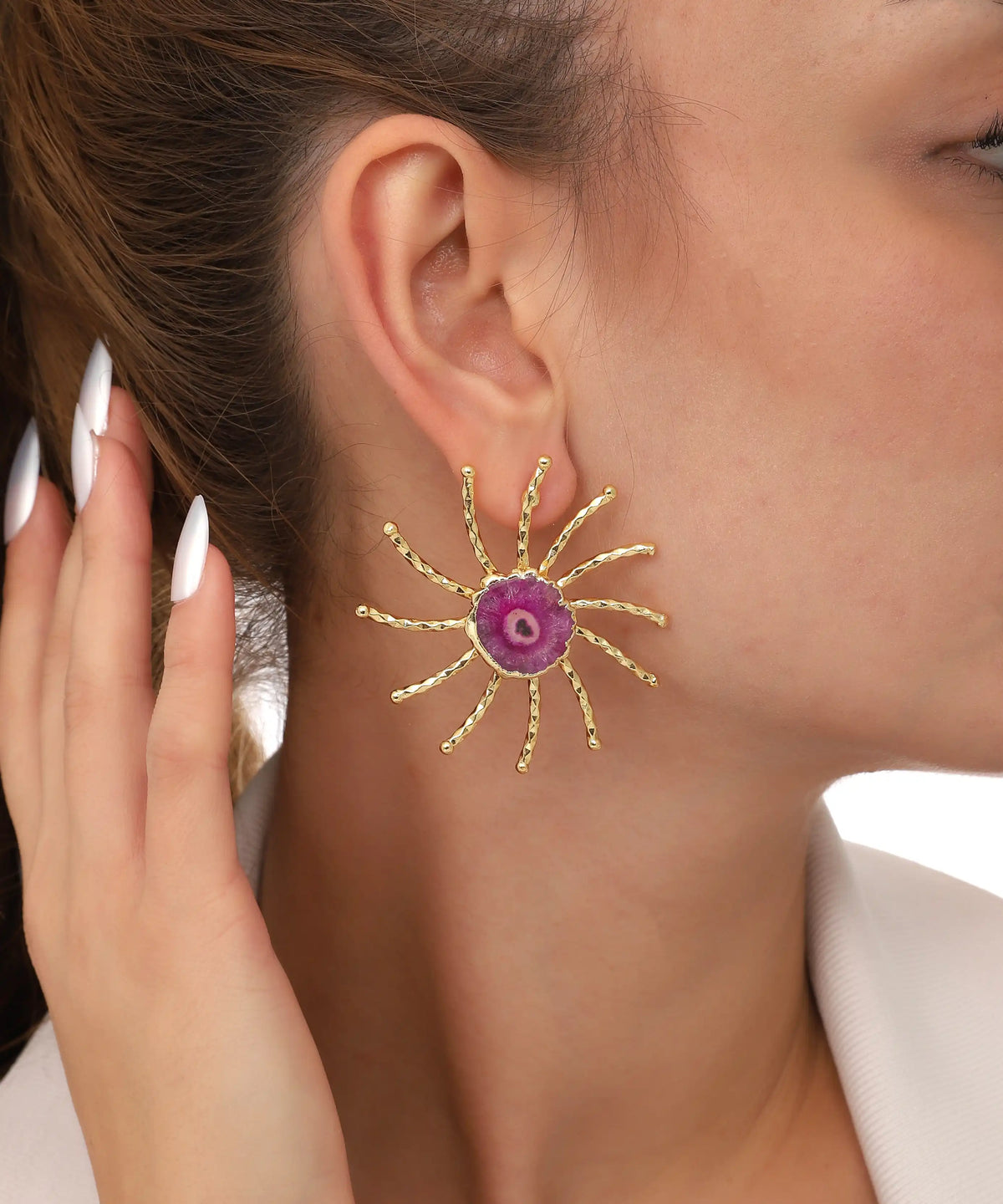 Gold Purple Stone Sunburst Statement Earrings
