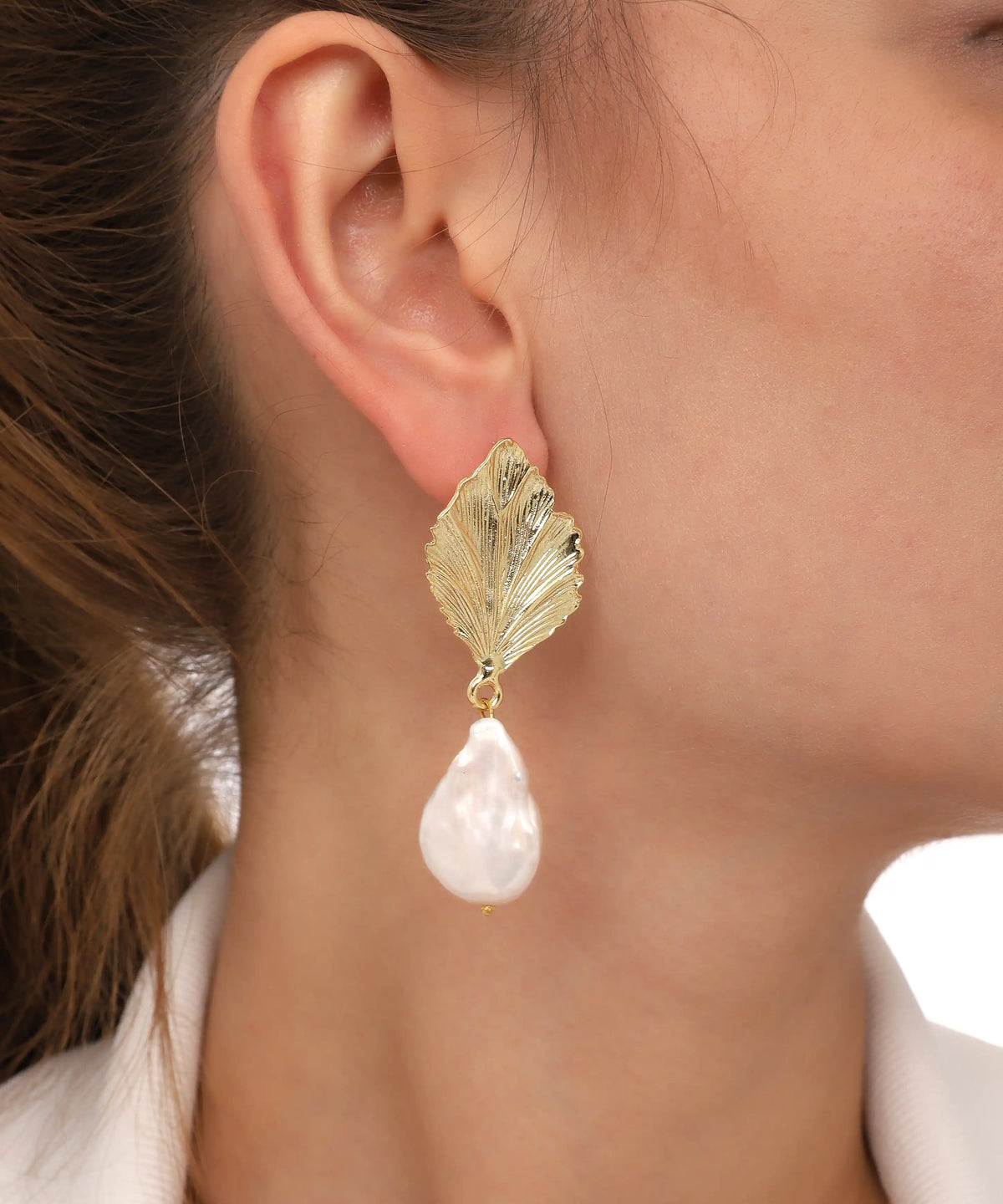 Gold Leaf Baroque Pearl Drop Earrings