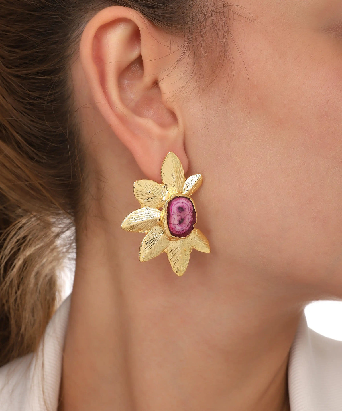 Gold Pink Stone Textured Flower Earrings