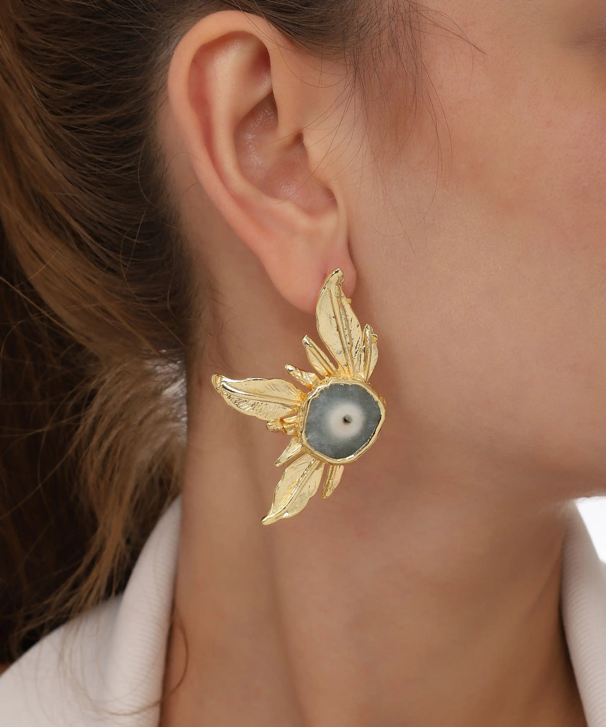 Gold Botanical Grey Stone Flower Earrings