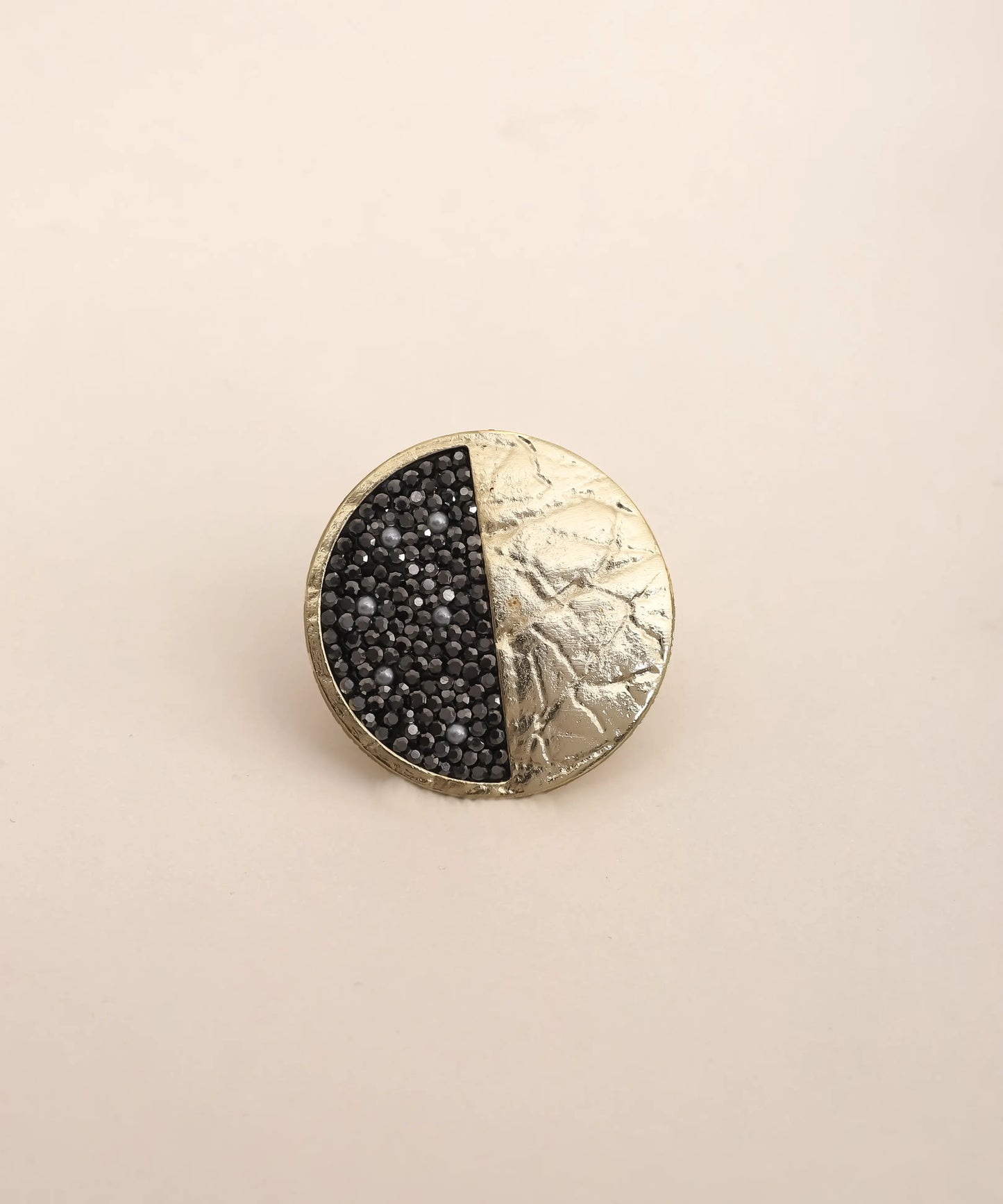 Half Black Crystal & Textured Gold Disc Ring Adjustable