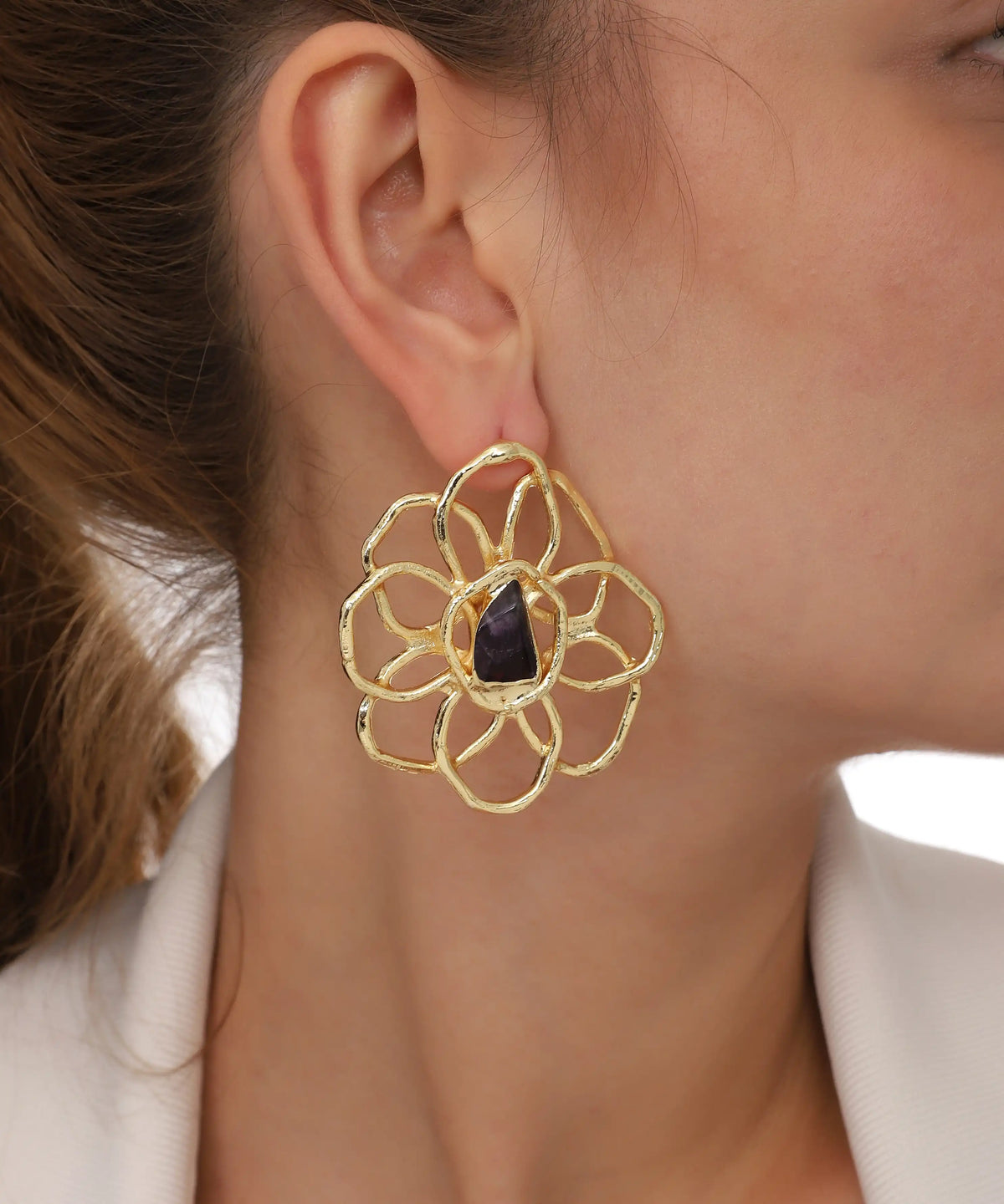 Gold Floral Black Stone Statement Earrings