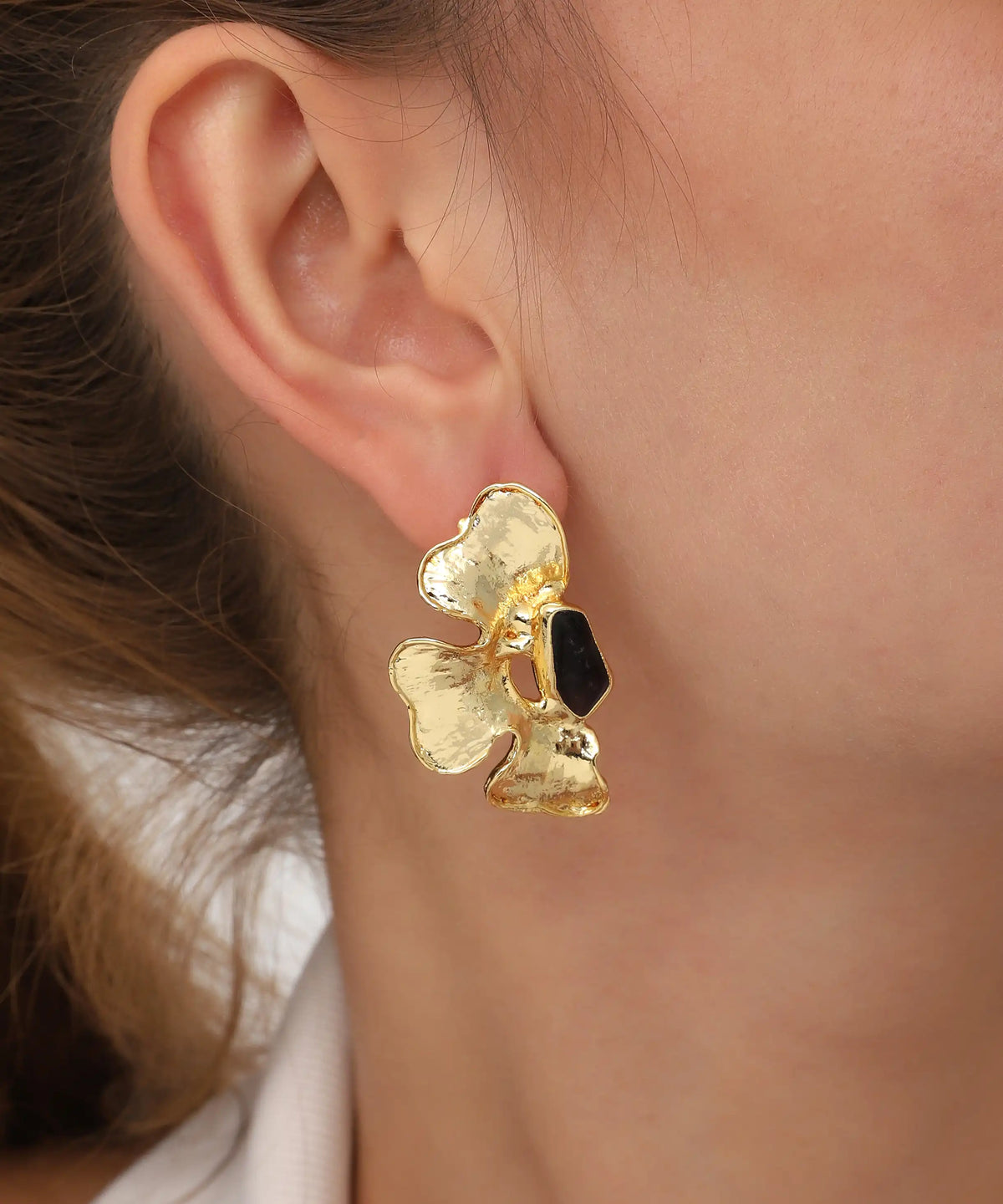 Gold Abstract Organic Earrings with Black Stone