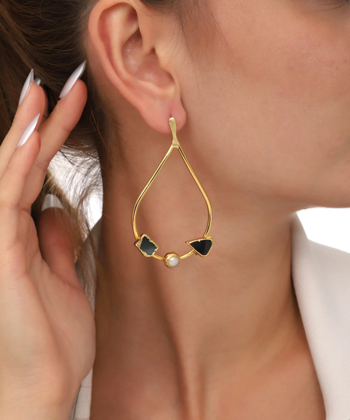 Gold Geometric Drop Pearl Stone Earrings