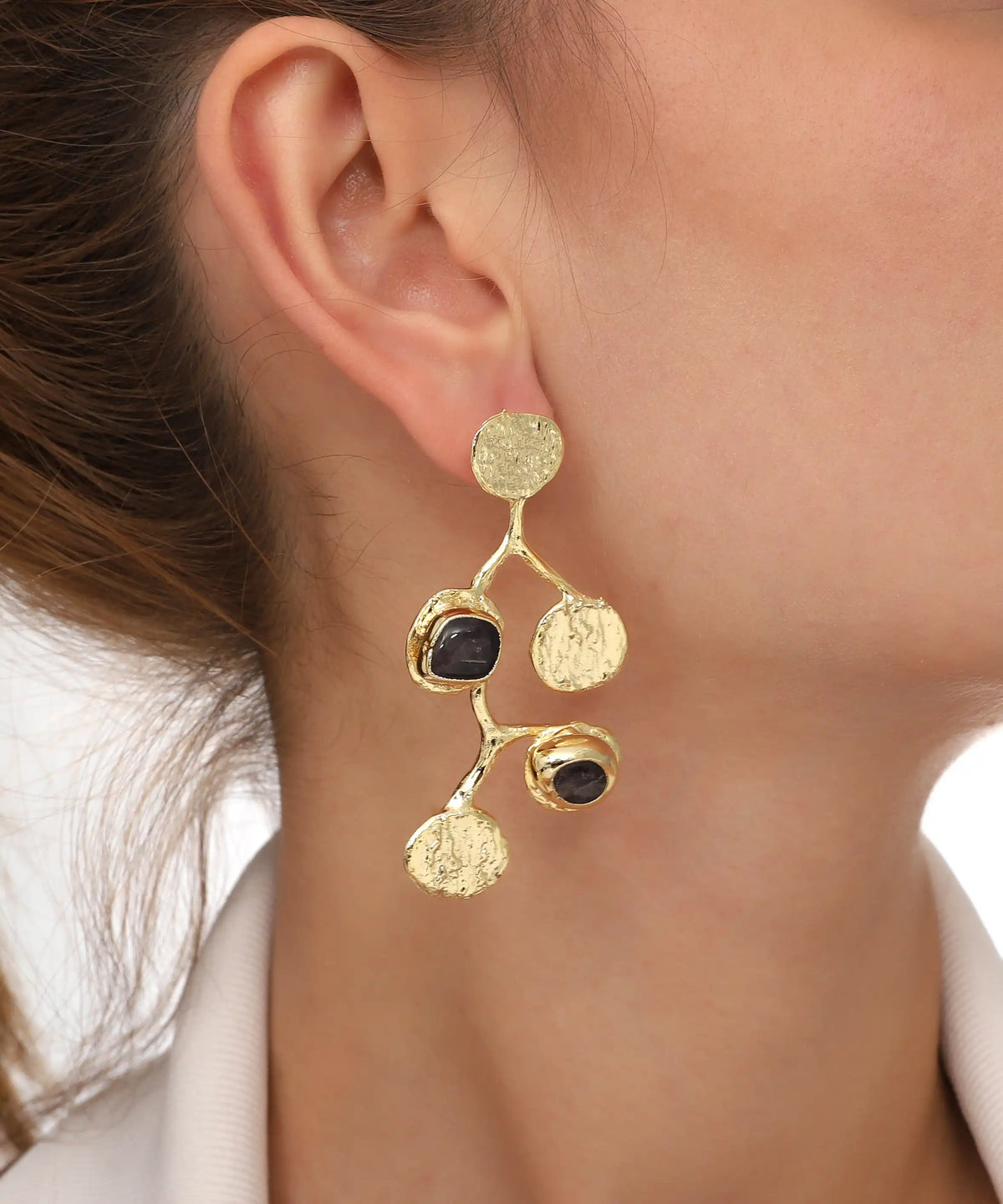 Organic Branch Black Stone Gold Drop Earrings