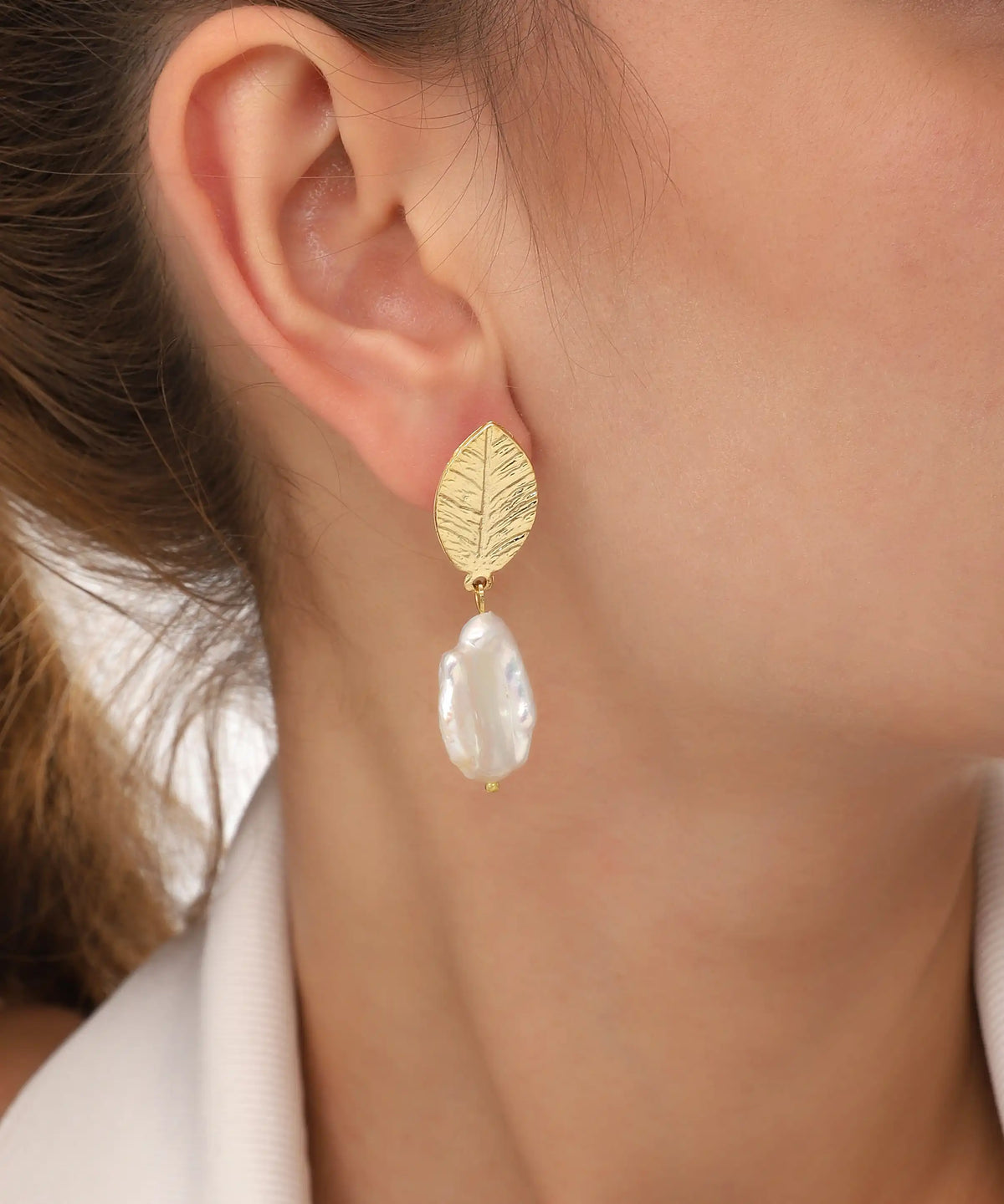 Gold Leaf Pearl Drop Earrings