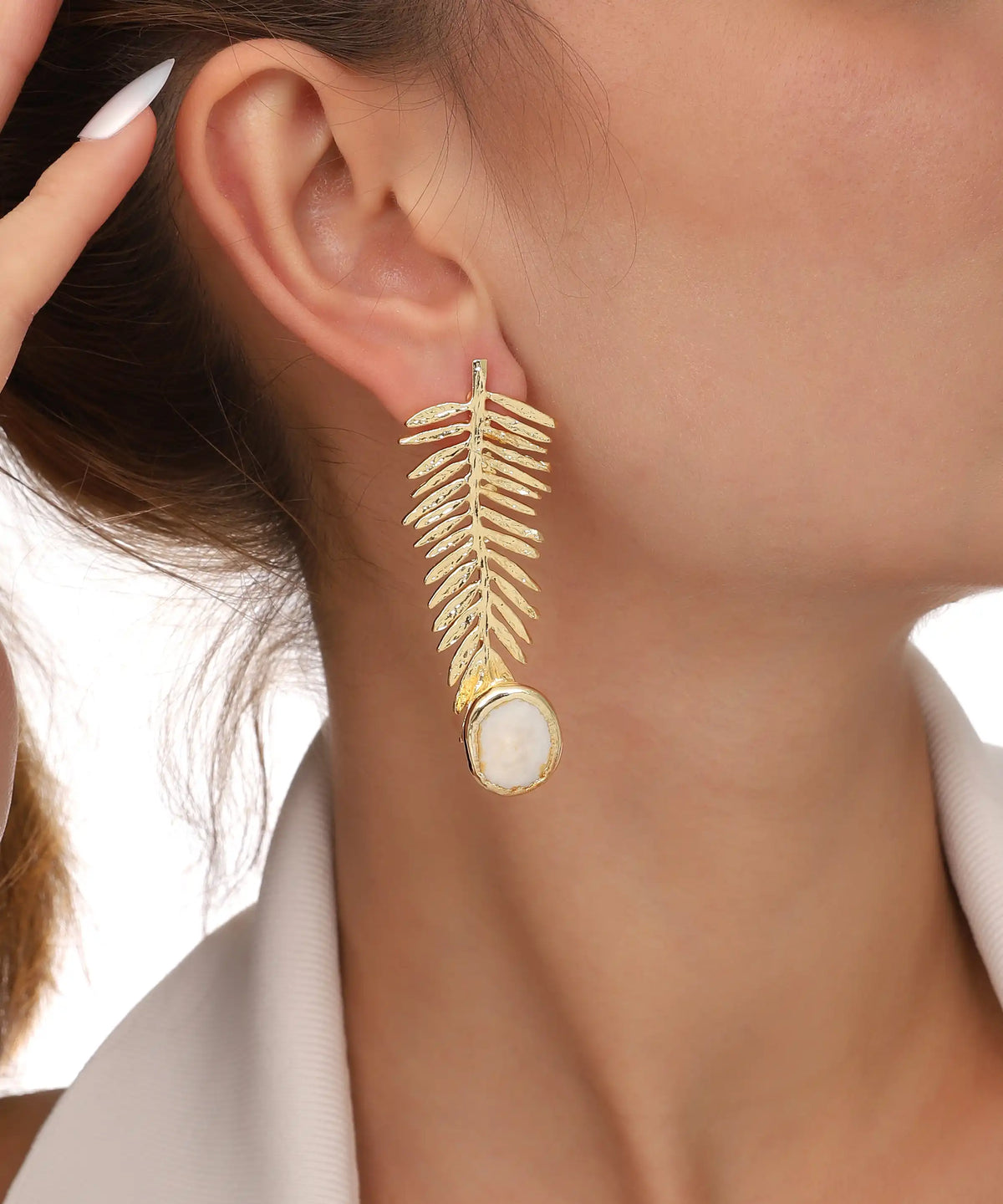 Gold Palm Leaf Stone Drop Earrings