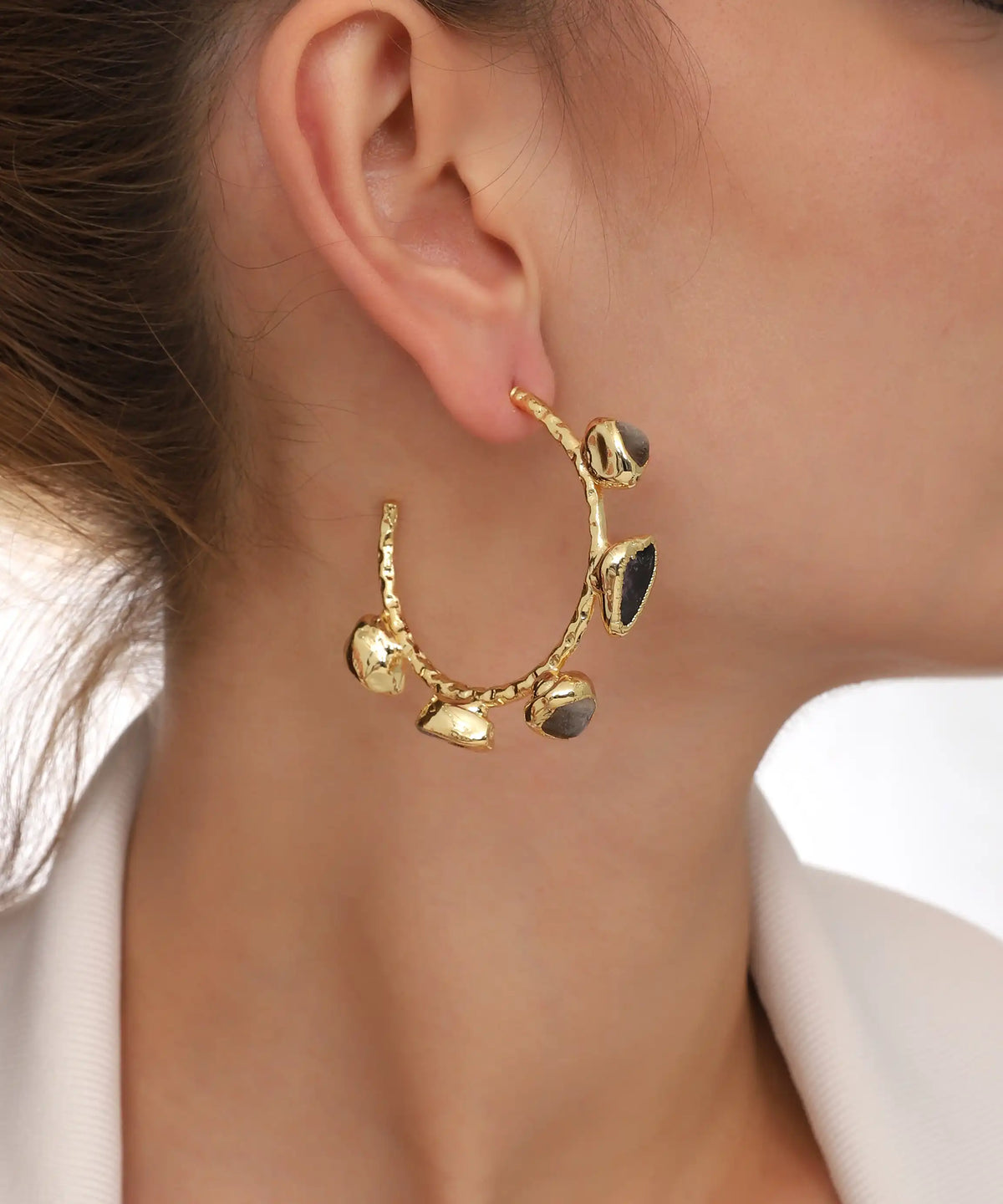 Gold Organic Stone Hoop Earrings