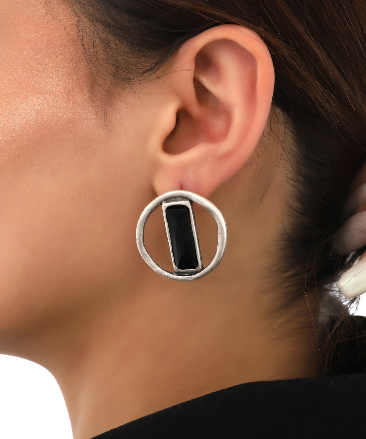 Silver Black Rectangular Circle Earrings
