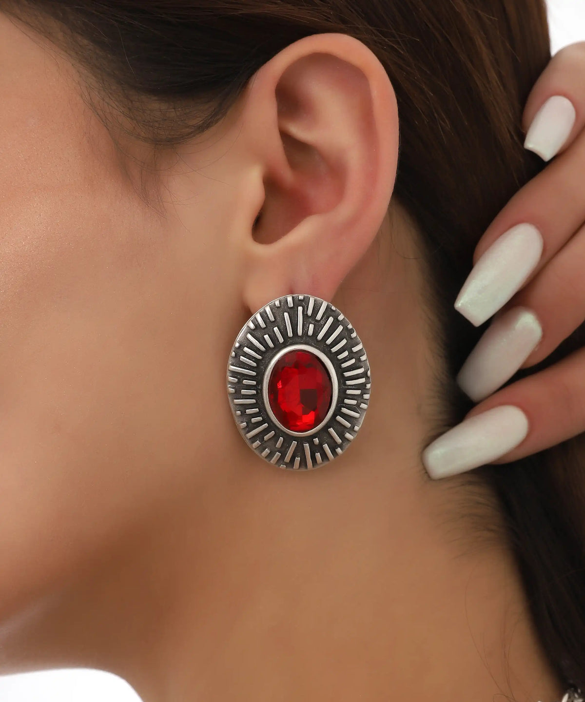 Silver Red Oval Stone Textured Earrings
