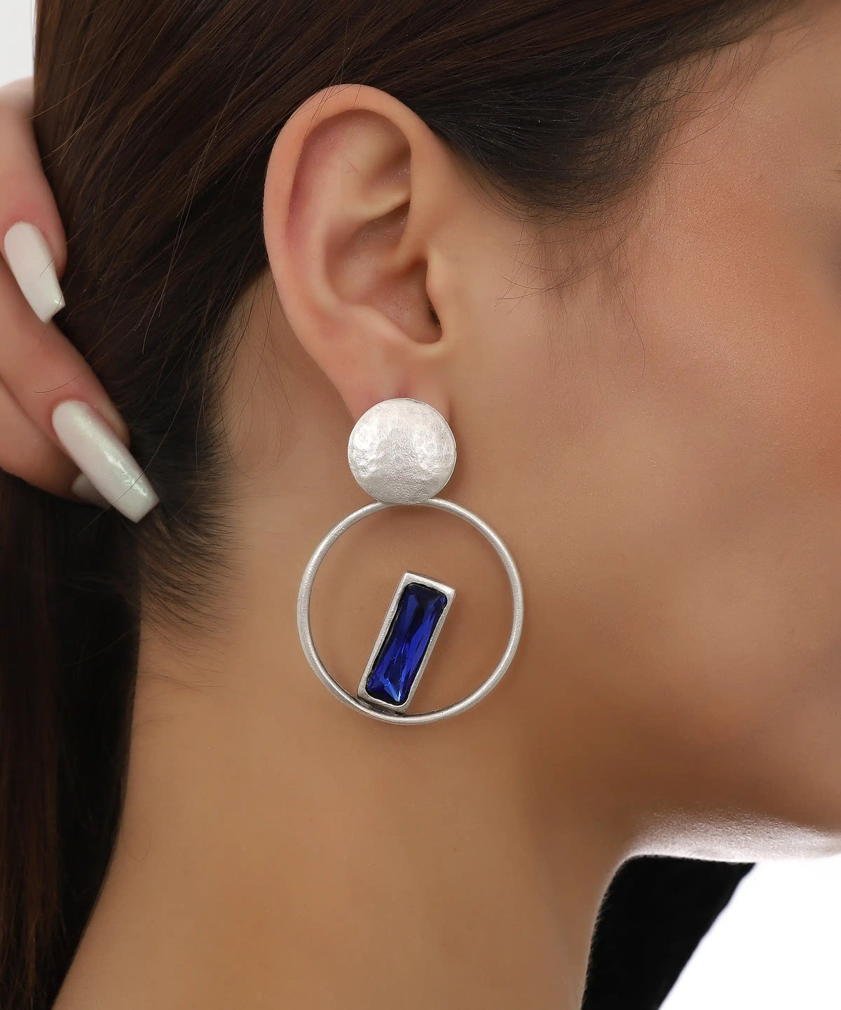 Silver Blue Rectangular Circle Earrings