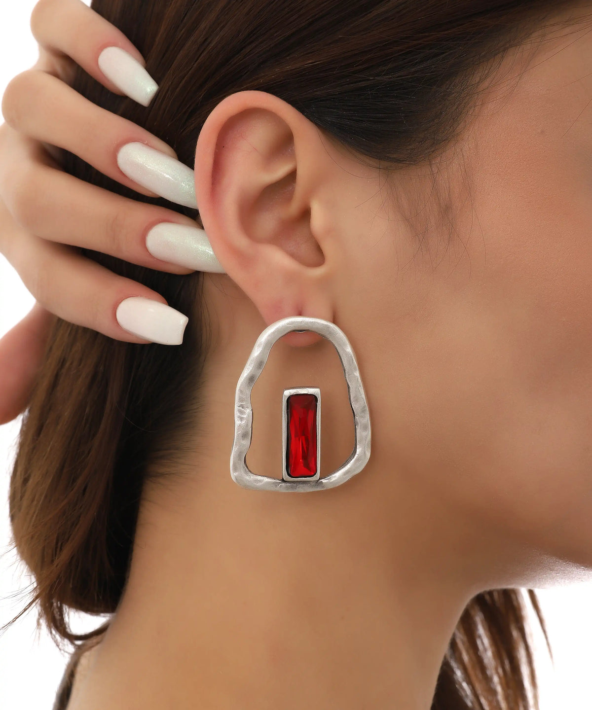 Silver Red Stone Organic Hoop Drop Earrings