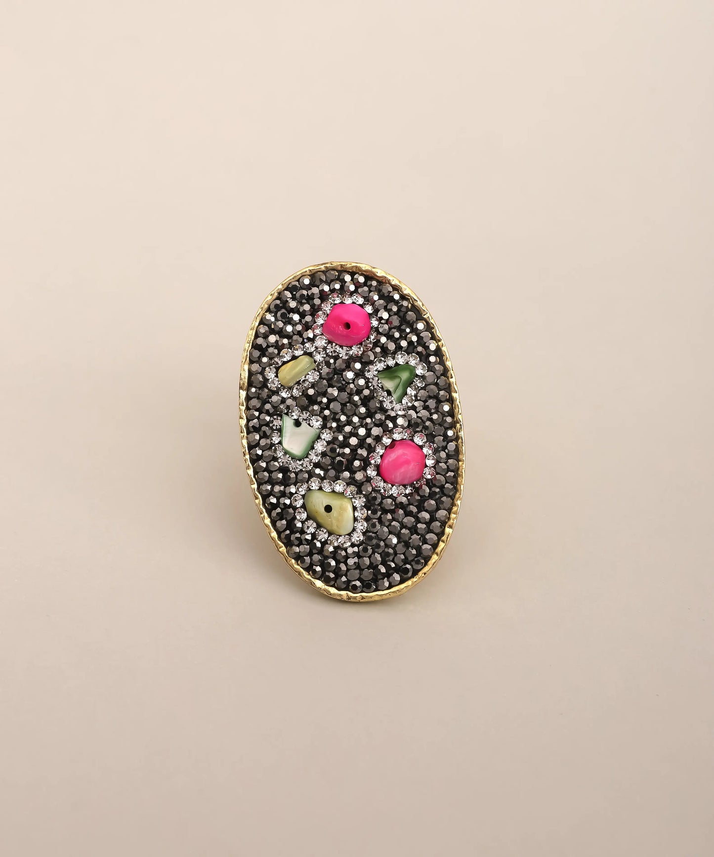 Multi Stone Black Crystal Oval Statement Ring Gold Adjustable