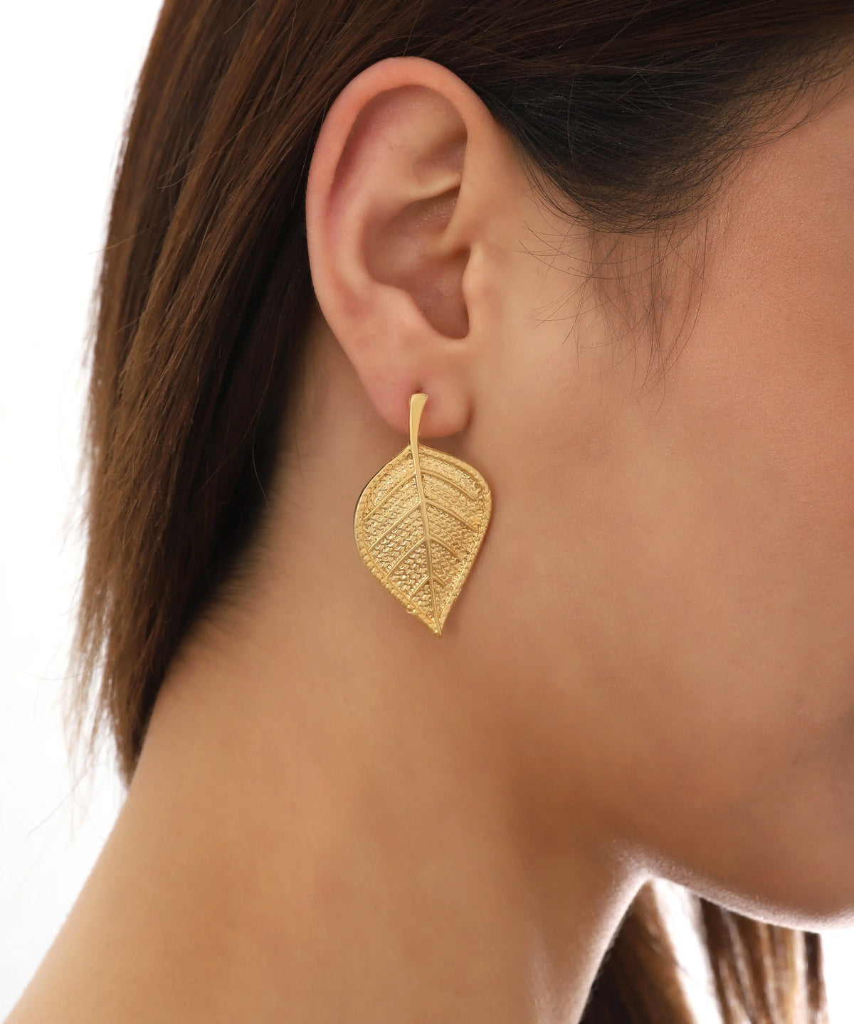 Gold Textured Leaf Drop Earrings