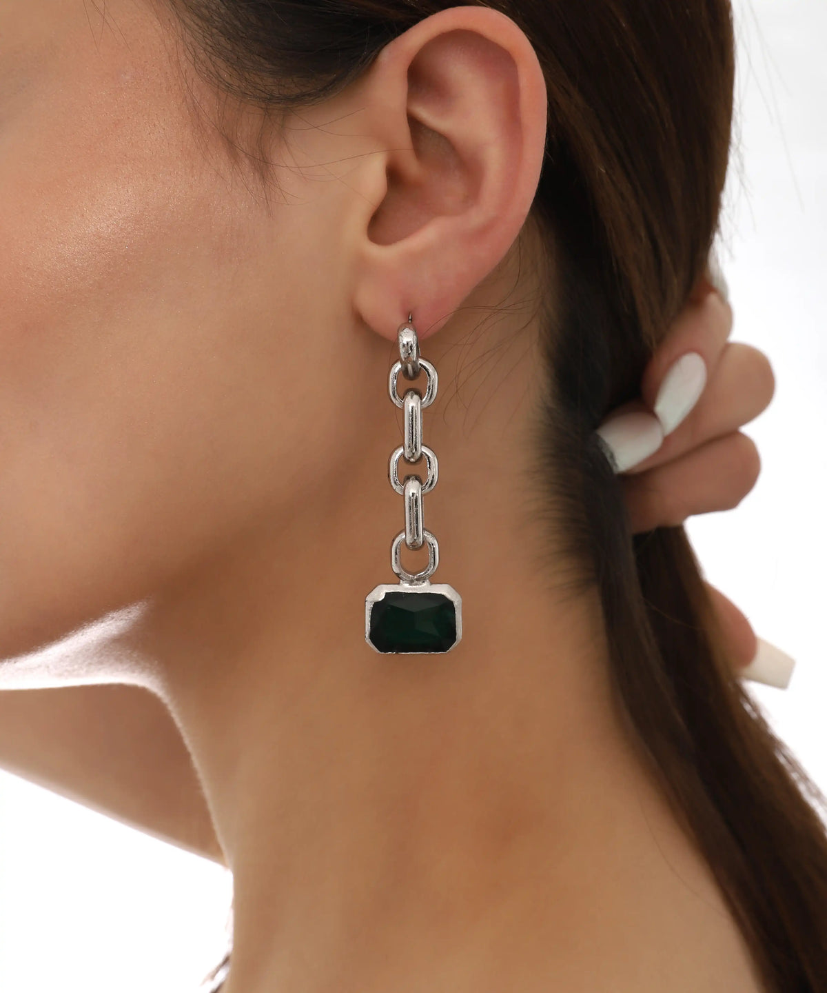 Silver Green Stone Chain Drop Earrings