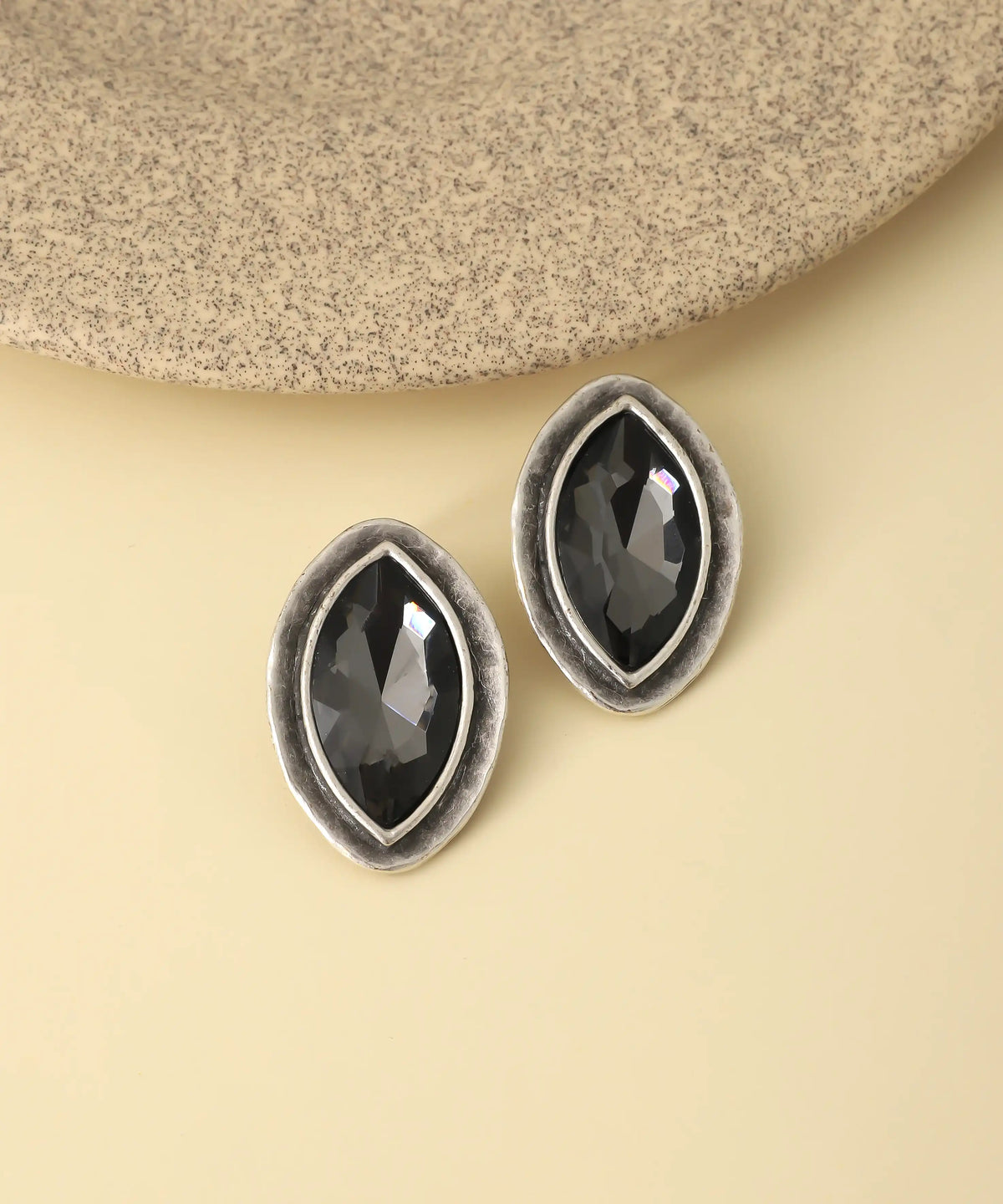 Silver Black Marquise Gemstone Stud Earrings