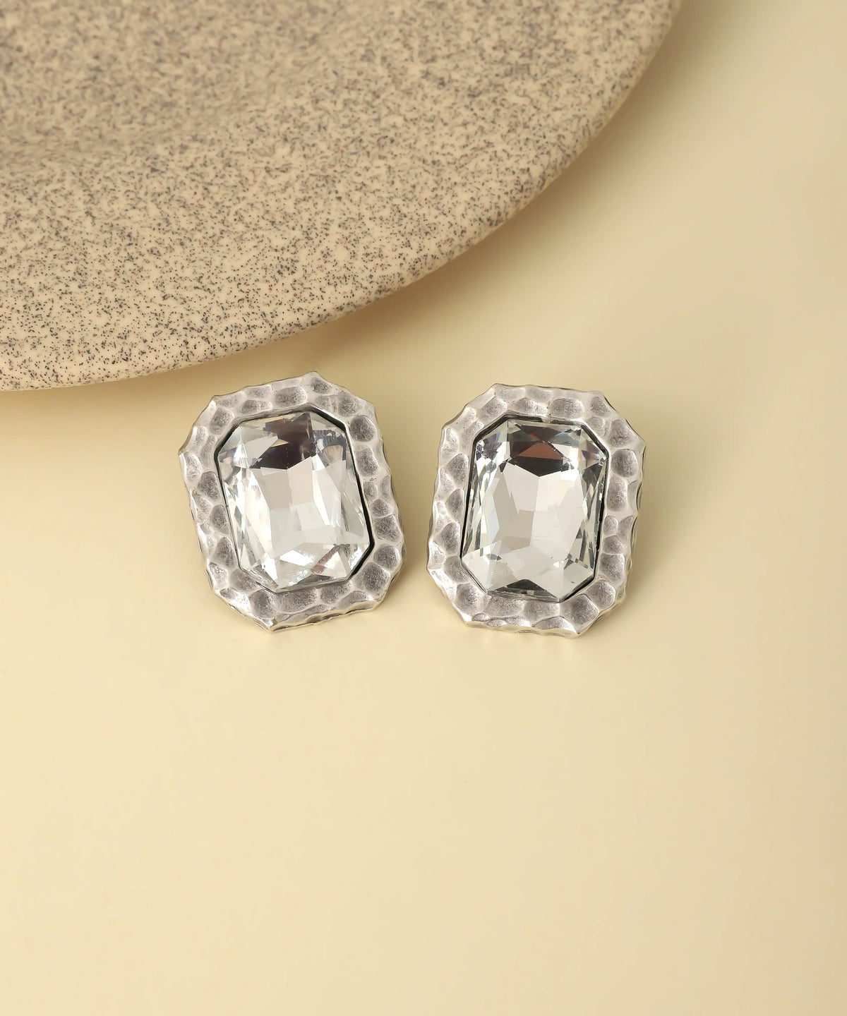 Silver Clear Crystal Hammered Stud Earrings