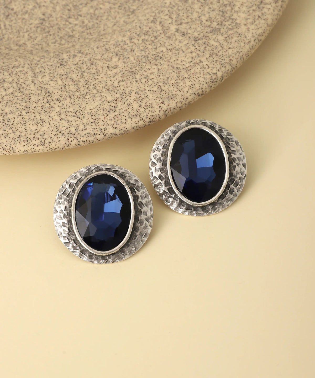 Silver Navy Blue Oval Gemstone Stud Earrings