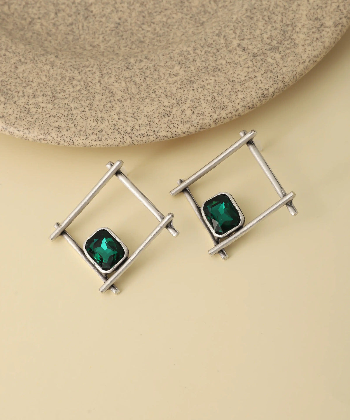 Geometric Silver Green Crystal Square Stud Earrings