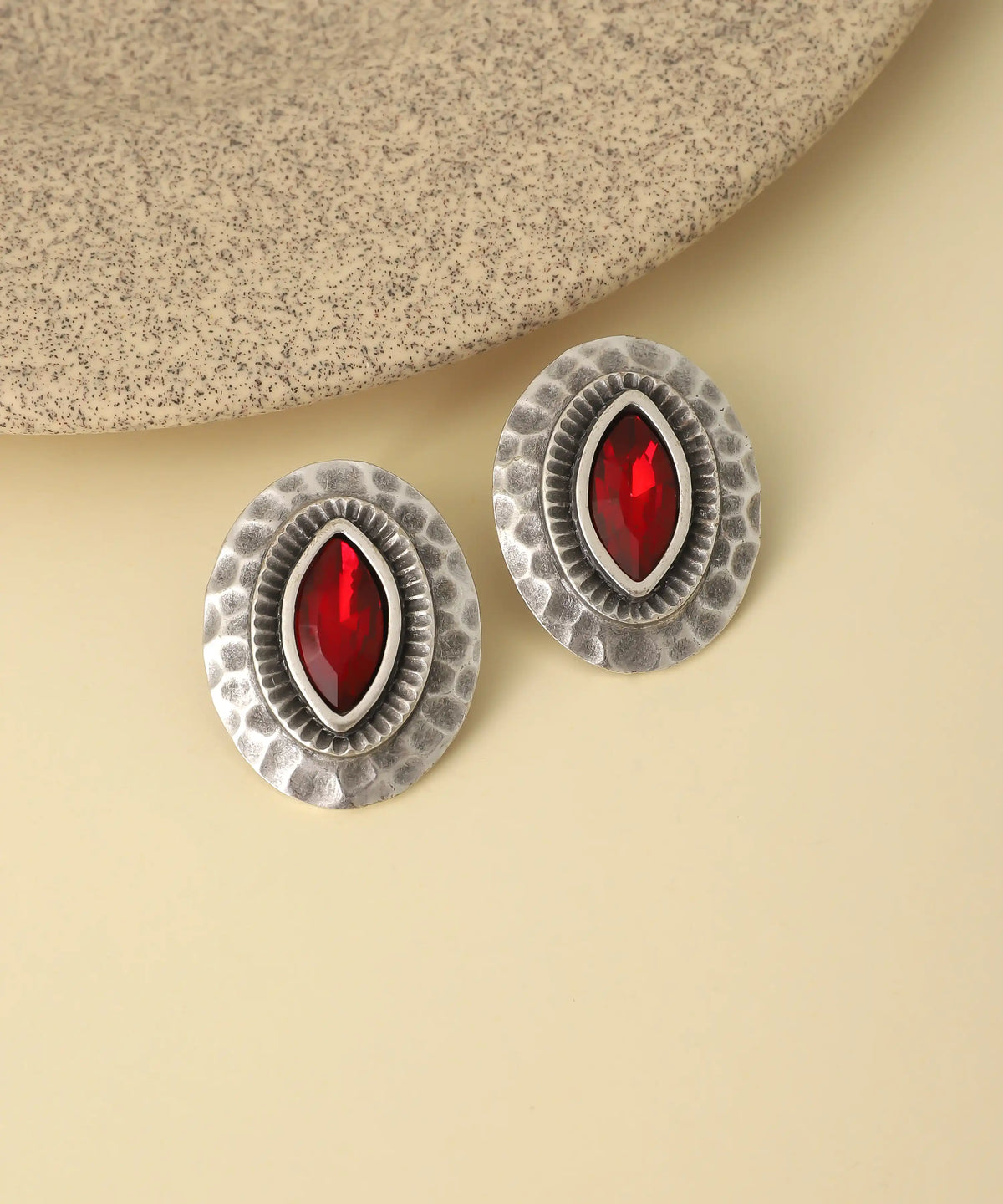 Vintage Silver Red Marquise Stud Earrings