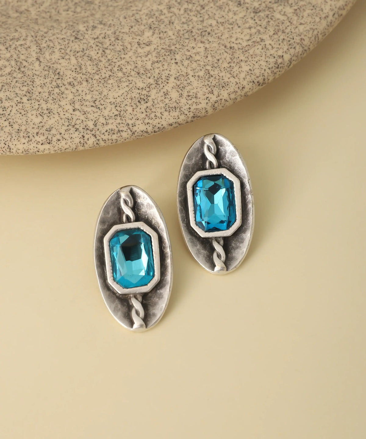 Vintage Silver Blue Emerald Cut Stud Earrings