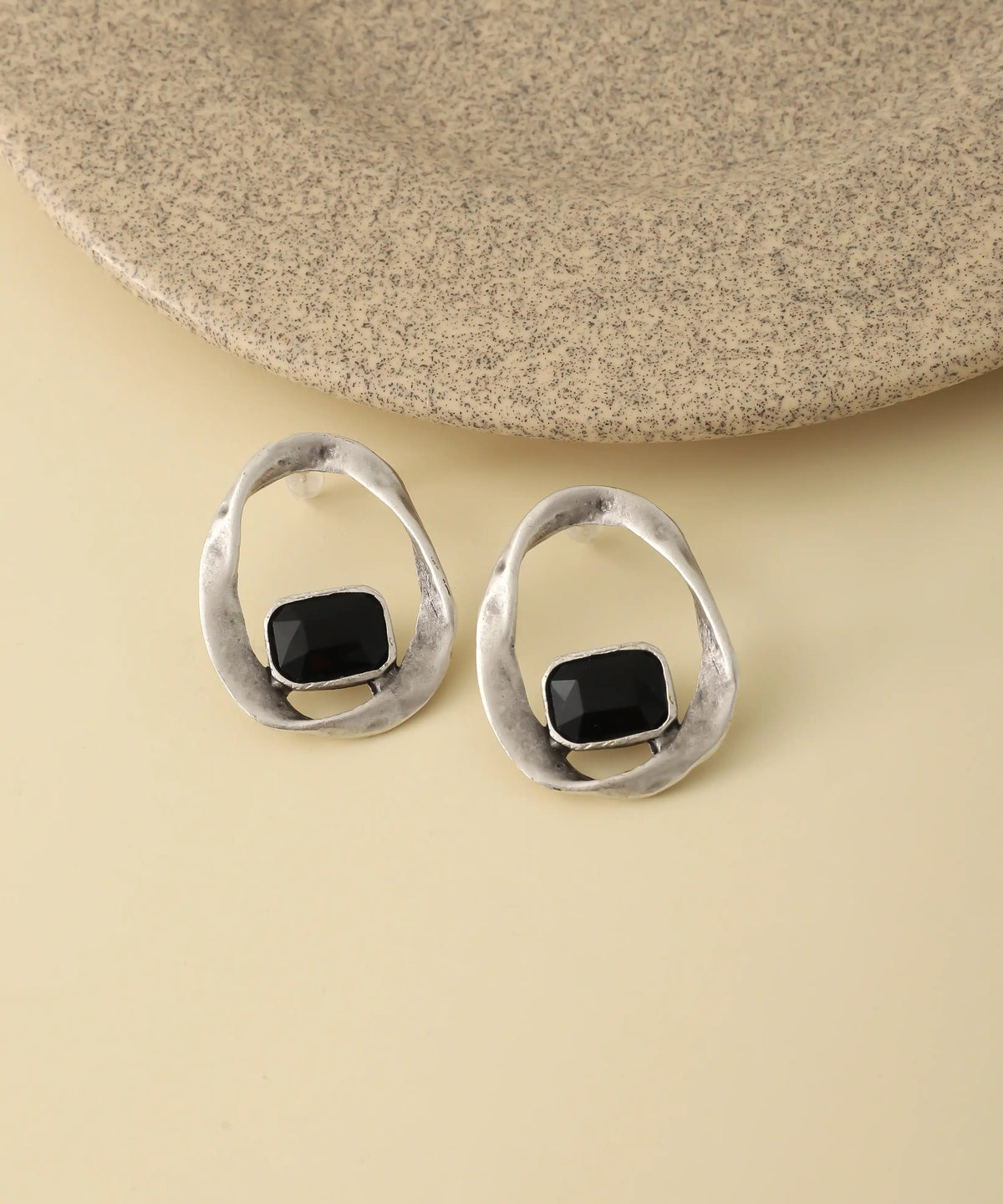 Vintage Irregular Silver Black Stone Earrings