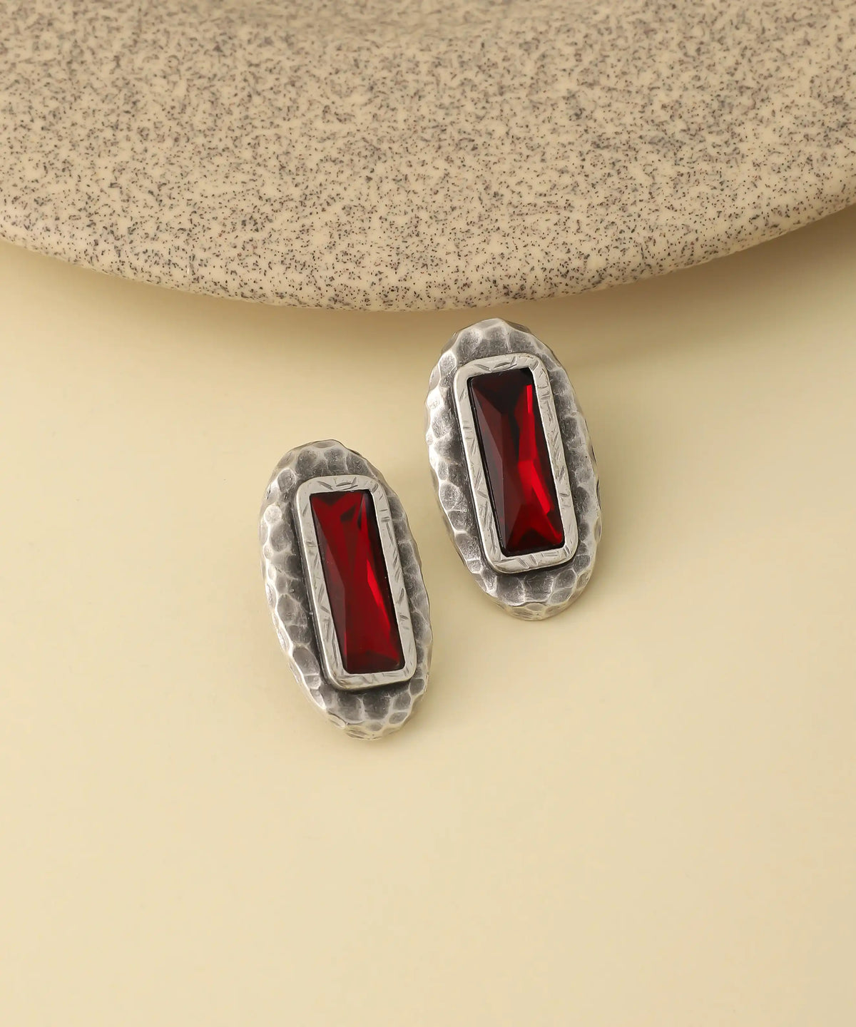Vintage Silver Ruby Rectangle Stud Earrings