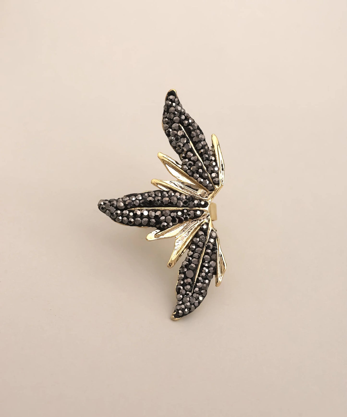 Black Crystal Dragonfly Statement Ring Gold Adjustable