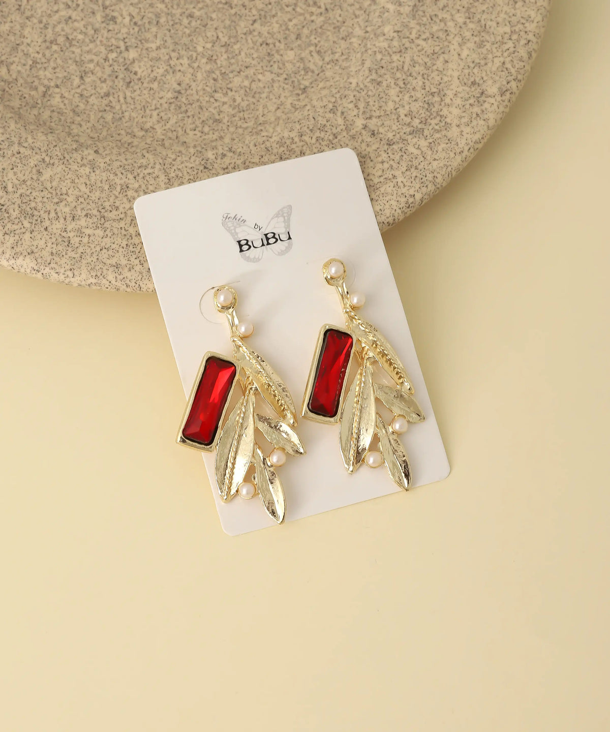 Gold Red Crystal Leaf Pearl Earrings