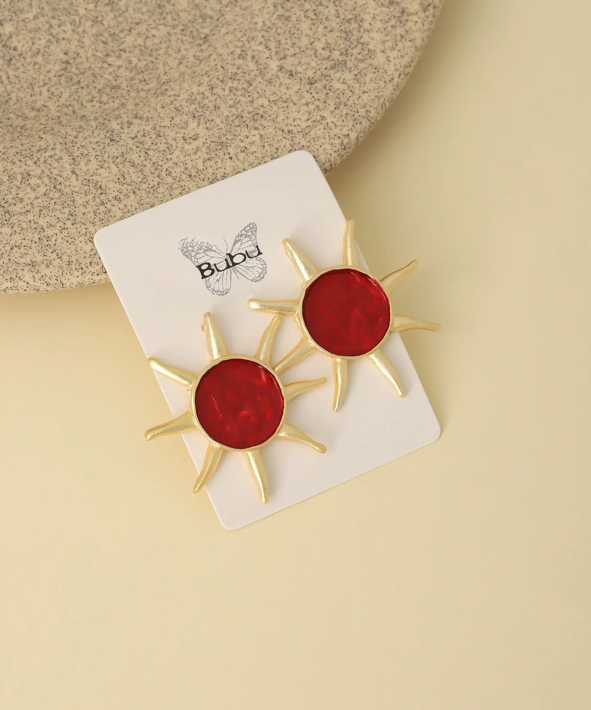 Gold Red Sunburst Statement Earrings