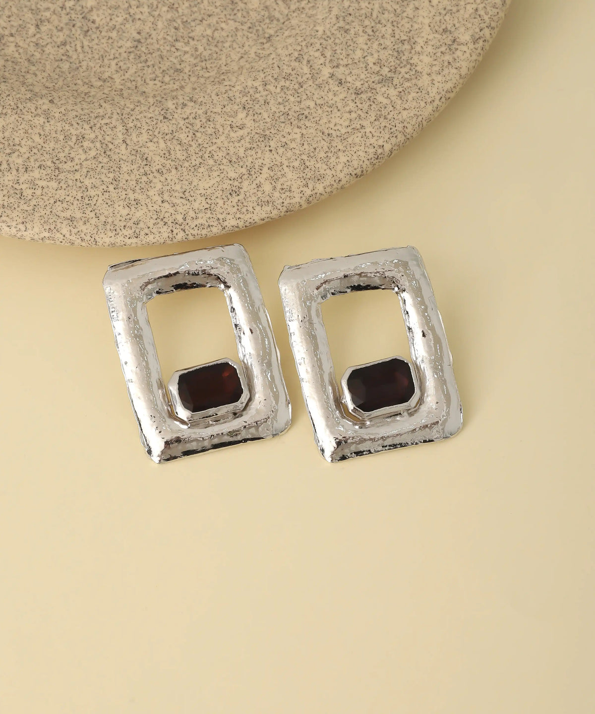 Silver Geometric Black Stone Earrings